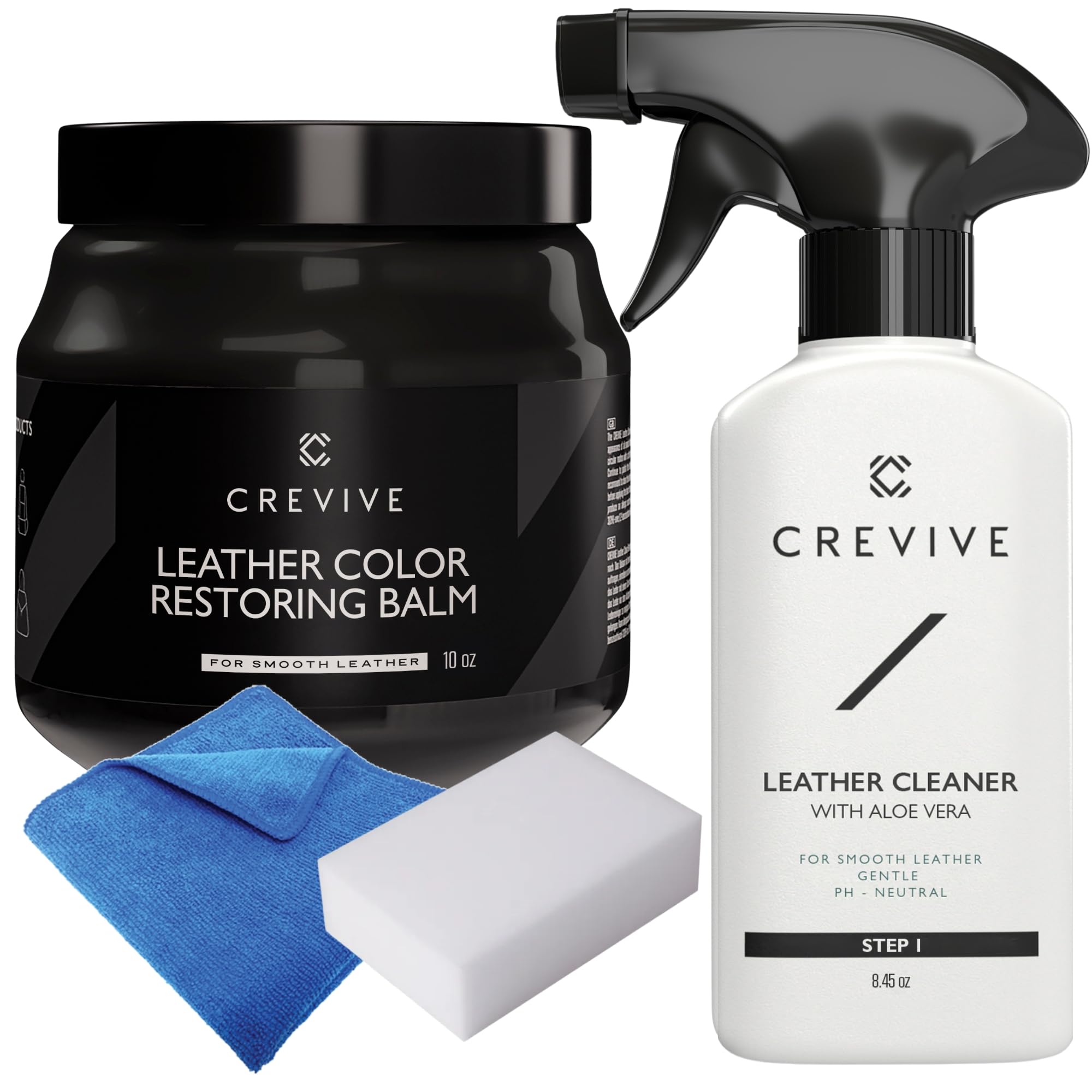 Crevive Leather Recoloring Balm Black 10 Oz & Leather Cleaner 8.45 Oz - Leather Color Restorer - Leather Restorer For Couches -