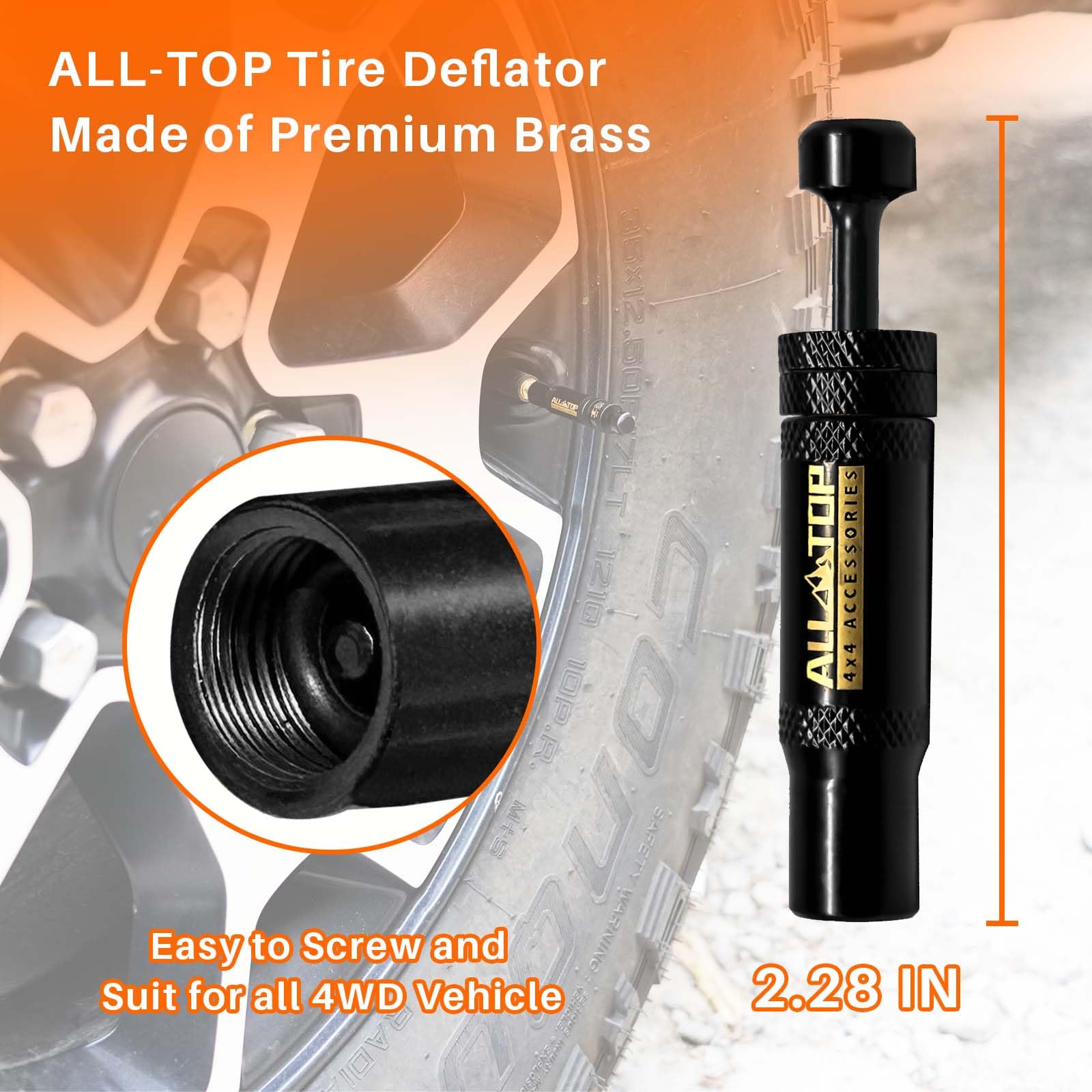 All-Top Adjustable Auto-Stop Tire Deflator Valve Kit (10-30 Psi) 4 Pcs Screw-On Tyre Air Down Tool For Offroad 4X4 (With 5 Valve Caps)