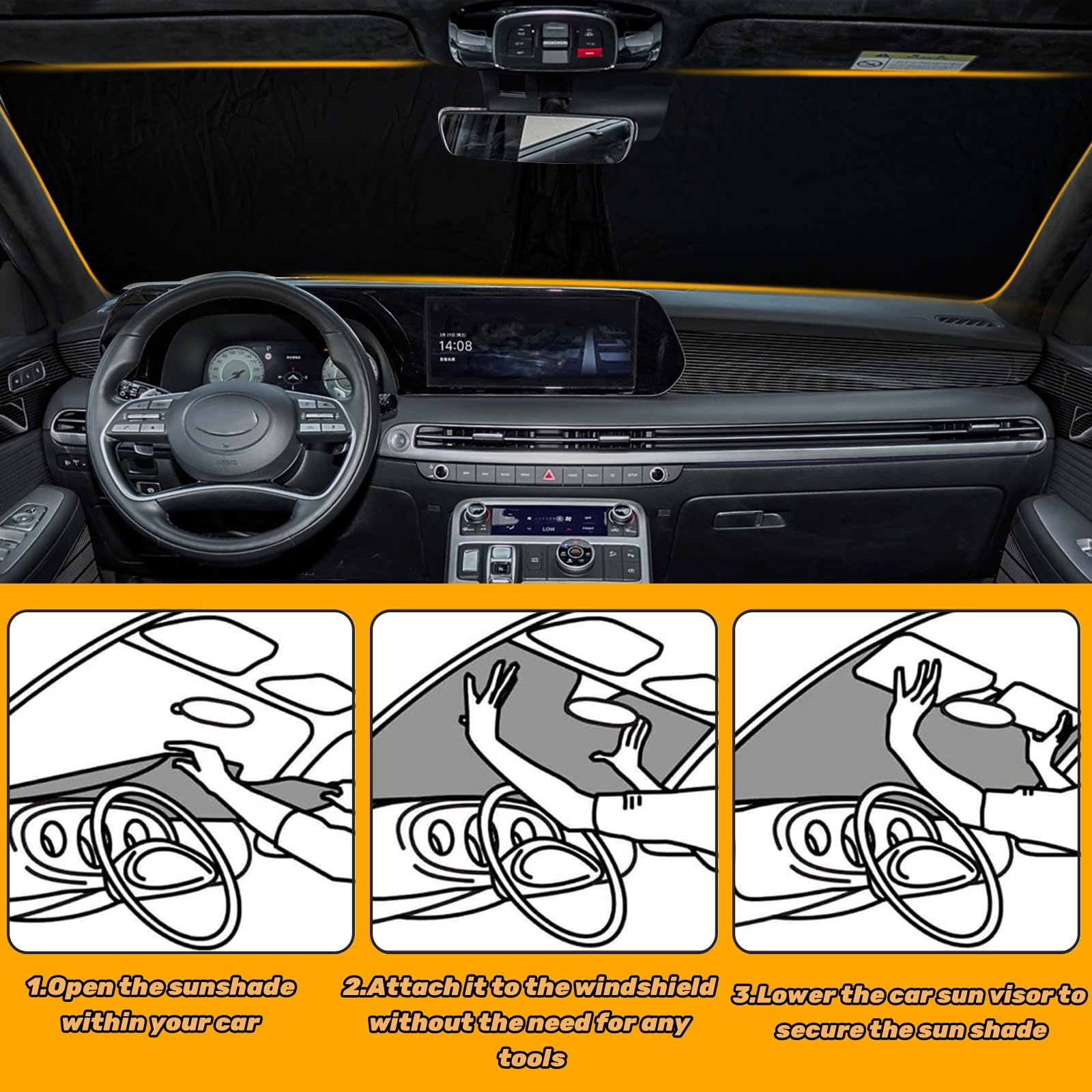 Sun Shade for Car Windshield Fit Hyundai Palisade 2020-2025 Window Shades 240T Polyester Windshield Sunshade Foldable Blocks UV