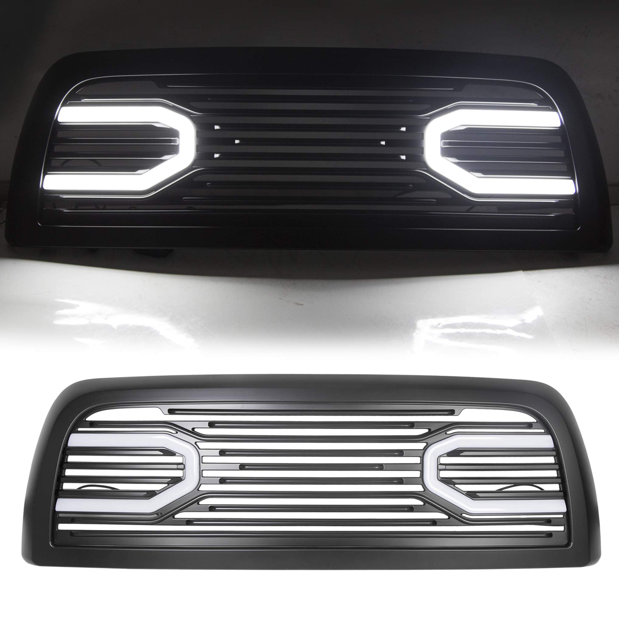 Kuafu Front Hood Bumper Grille Grill W/Replacement Shell Led Lights Compatible With 2010 2011-2018 Dodge Ram 2500 3500 4500 Big Horn Horizontal Style Bumper Grill Abs
