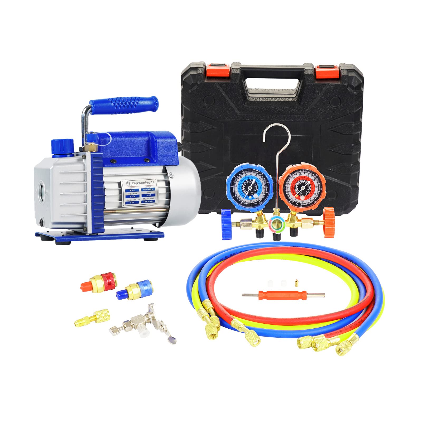 P PBAUTOS 3CFM 1/4HP Single Stage Vacuum Pump and 3-Way Manifold Gauge Set for R12, R22, R134A, R502 Refrigerants for HVAC Refri