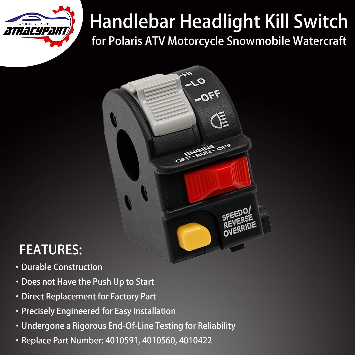 Handlebar Headlight Switch Hi/Lo/Off Beam Light/Kill/Stop | For 2001-2005 Polaris Sportsman 400 500 700 Magnum 325 330 Scrambler Xpedition Trail Boss Atp | Replaces# 4010591, 4010560, 4010422