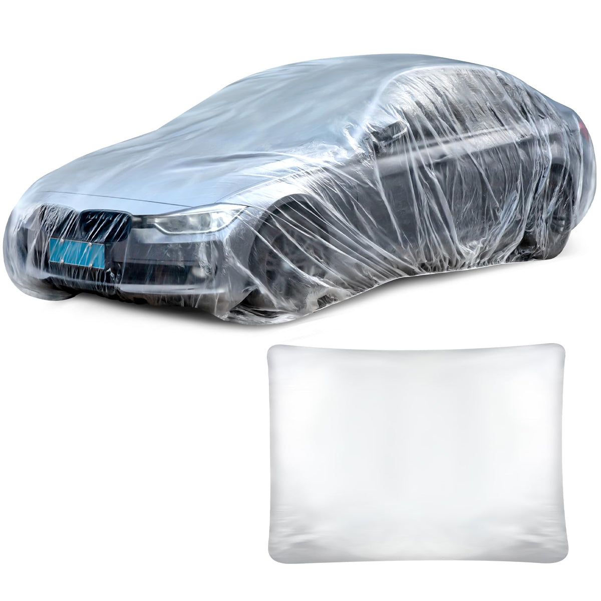 BBTO 1 Pack Universal Plastic Car Cover with Elastic Band Disposable Clear Car Covers Bulk 12.5 x 21.6 ft Waterproof Dustproof F