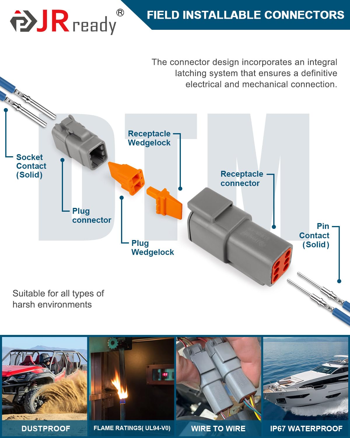 JRready Deutsch DTM 6 Pin Connectors 4 Kits, Waterproof Electrical Wire Connectors with Size 20 Solid Contacts 20-22AWG, ST6330-
