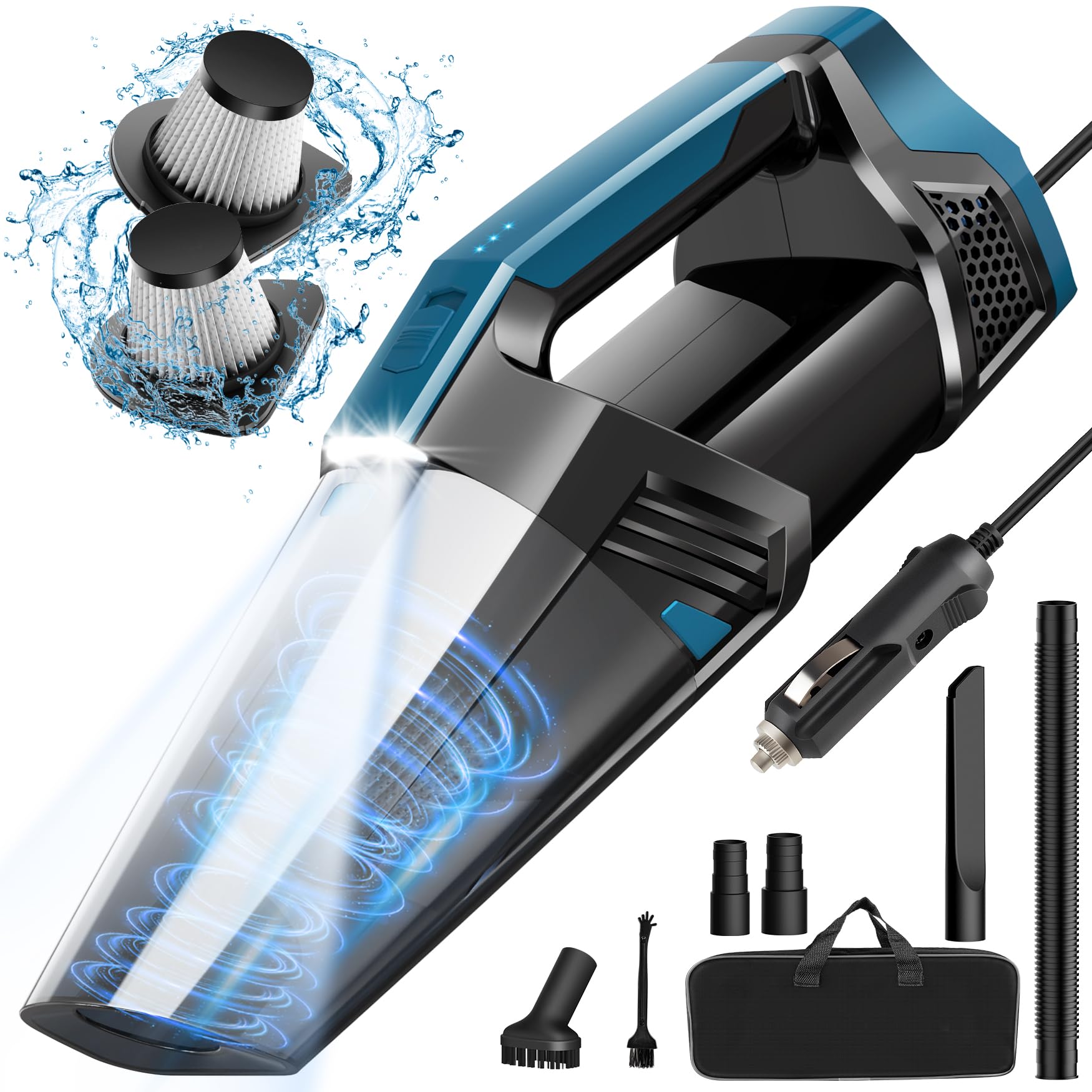 Car Vacuum - Portable Handheld Car Vacuum Cleaner High Power With 16.4Ft Cord, Bag, Led Light & Attachments - Dc 12V High Power