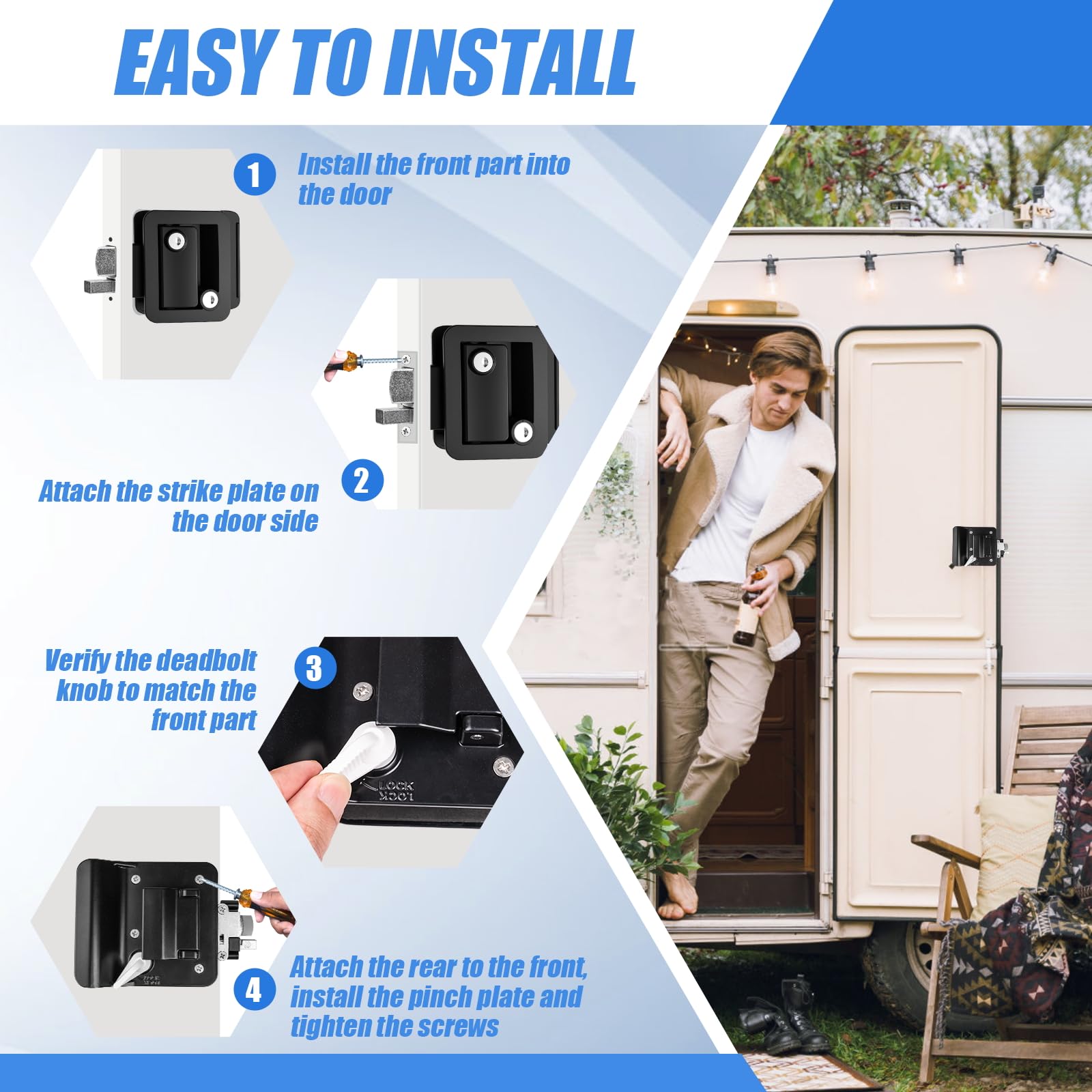 Beaiguna Rv Entry Door Lock Replacement - Upgrade Door Latch Handle With Paddle Deadbolt For Outside, Camper Trailer Lock For Ca