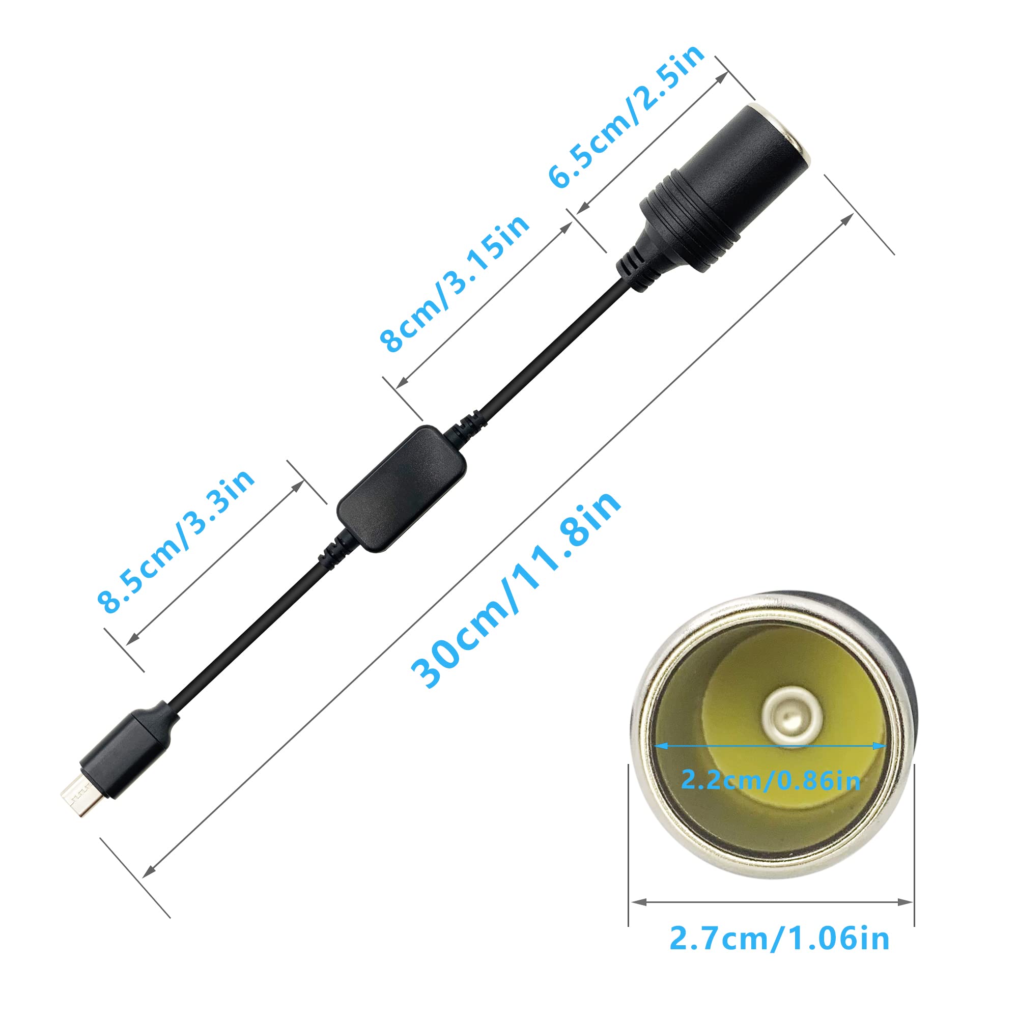 Kallaudo USB C to 12V Cigarette Lighter Adapter, 1Ft Converter Cable for Dash Cams, GPS