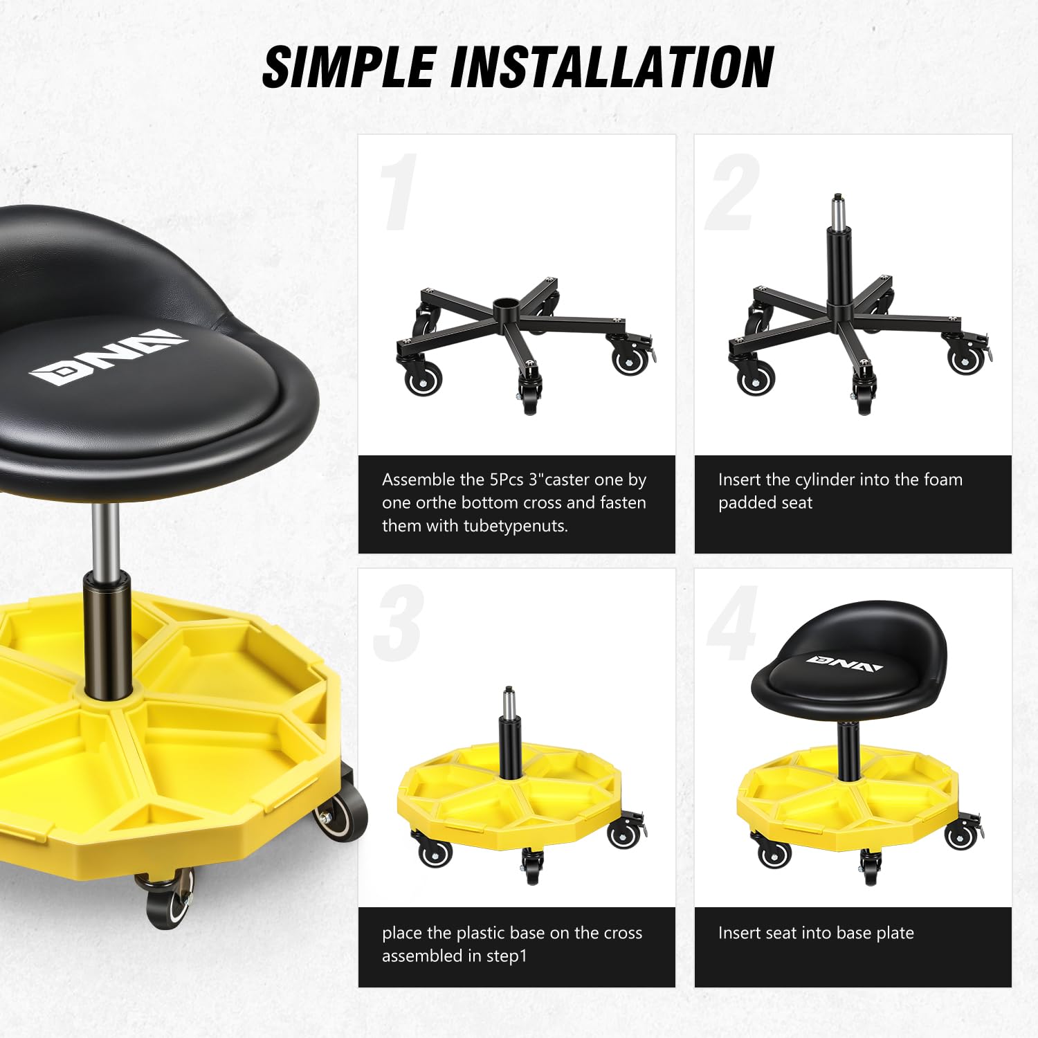 Dna Motoring 350 Lbs Rolling Garage Stool, 20.5'' To 25.2'' Adjustable Height Foam-Pad Seat, Round Tools Stool, Heavy Duty 3'' W