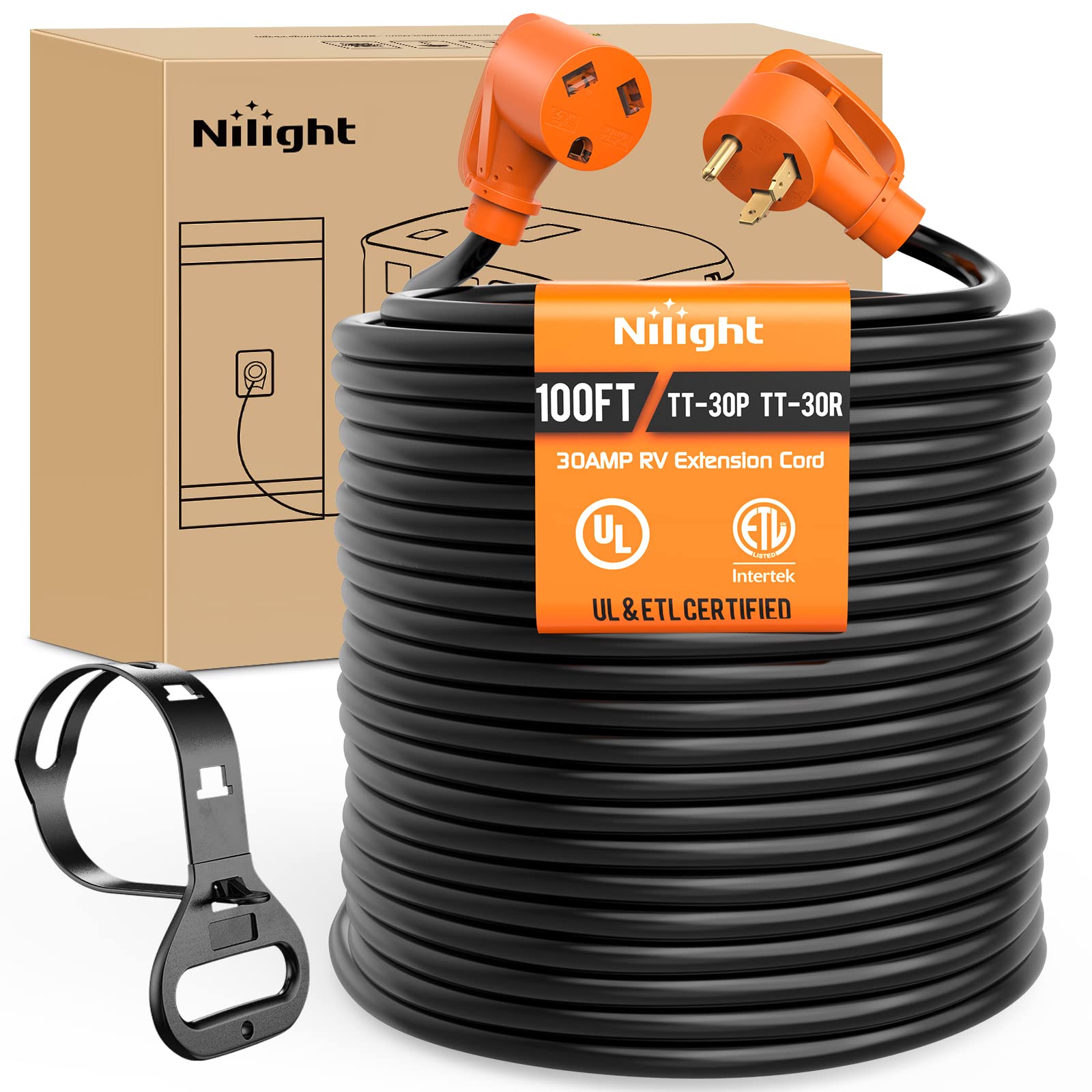 Nilight 30 Amp 100Ft Rv Extension Cord 125V Heavy Duty 10 Gauge Pure Copper Stw Wire Ul Etl Listed 3 Prong Tt-30P Tt-30R 30F/30M