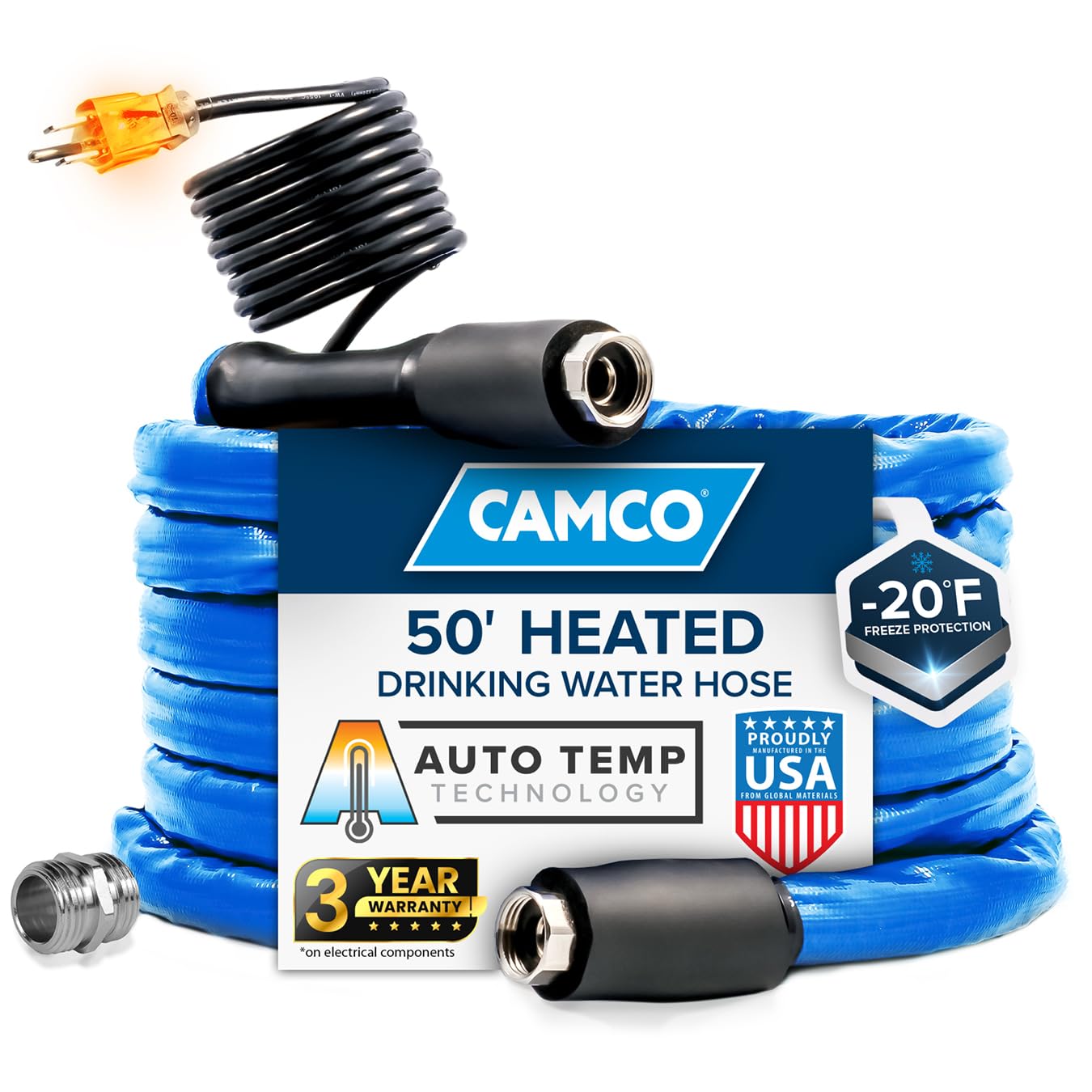 Camco 50' Heated Water Hose For Rv - Prevents Freezing Down To -20 - Certified For Drinking Water & Lead-Free - Great For Camper