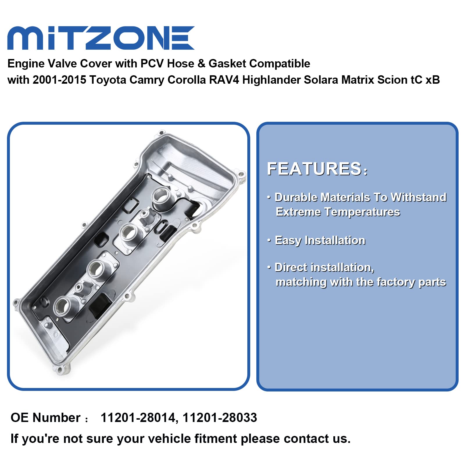 MITZONE Engine Valve Cover with PCV Hose & Gasket Compatible with 2001-2015 Toyota Camry Corolla RAV4 Highlander Solara Matrix S