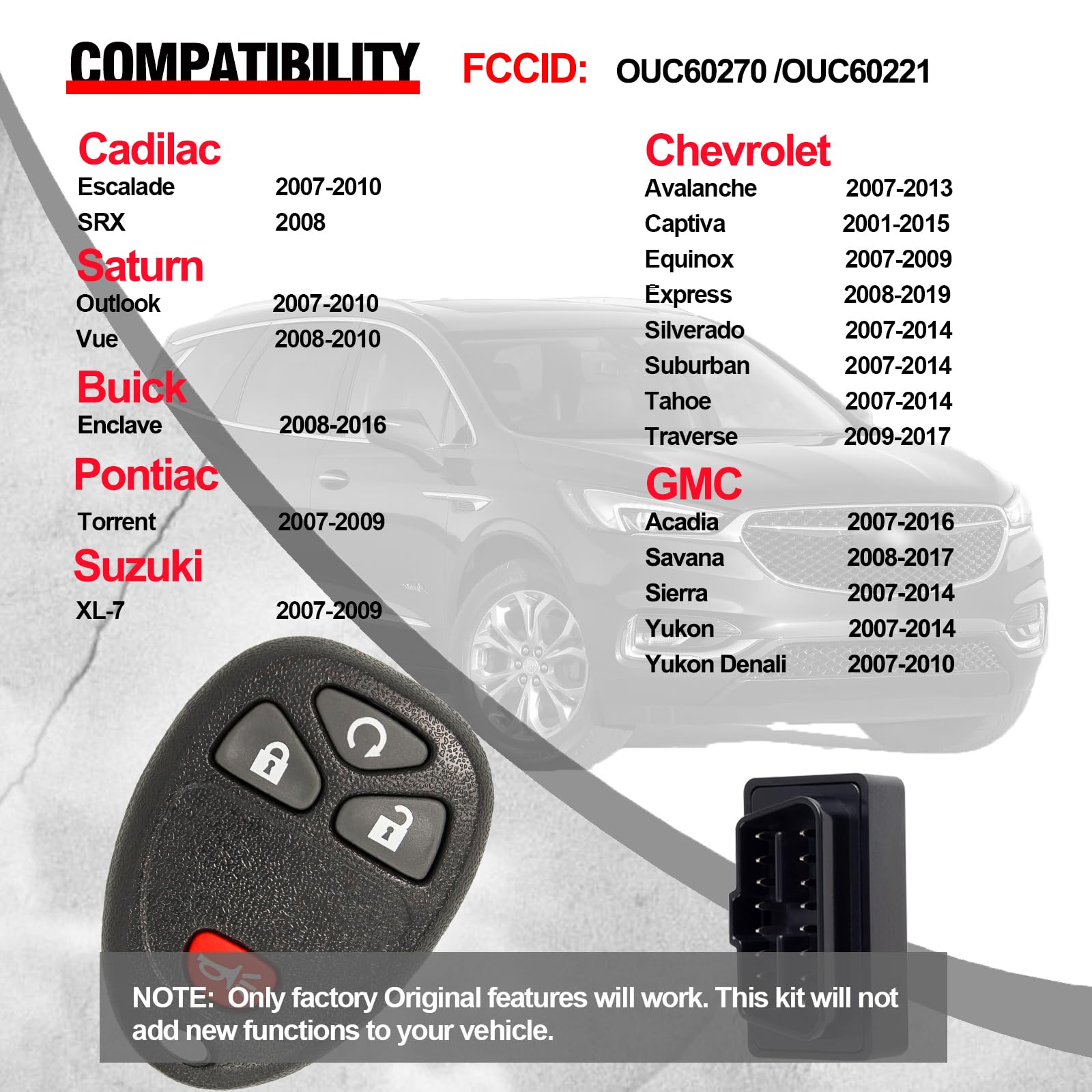 Keyless Entry Remote Kit for Chevy Silverado Avalanche Equinox Express Traverse GMC Yukon Sierra 1500 2500 3500 HD Acadia Savana