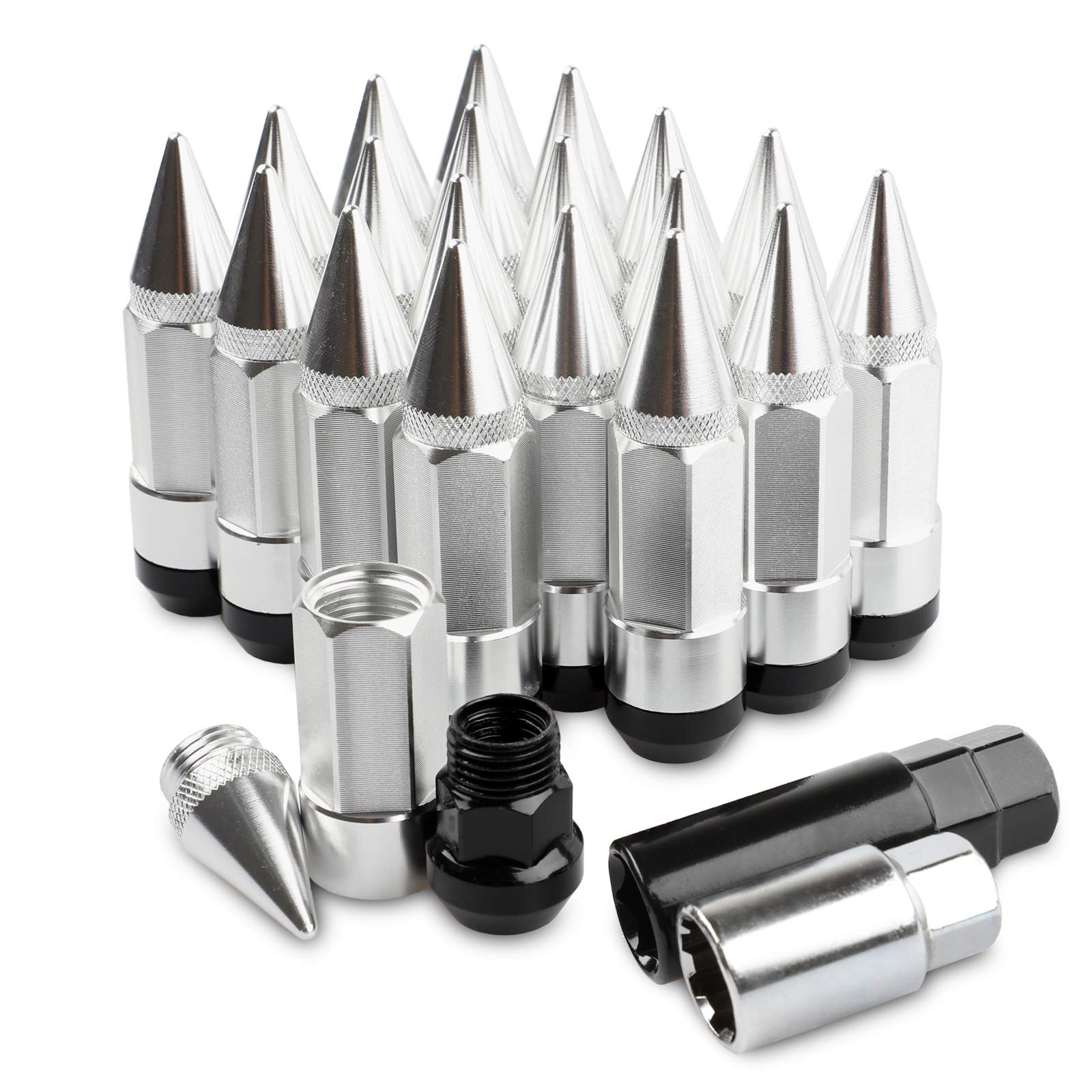 20Pcs Anti Theft Spikes Extended Tuner Wheel/Rims Lug Nuts with Wheel Locks M12X1.5+Socket (Silver)