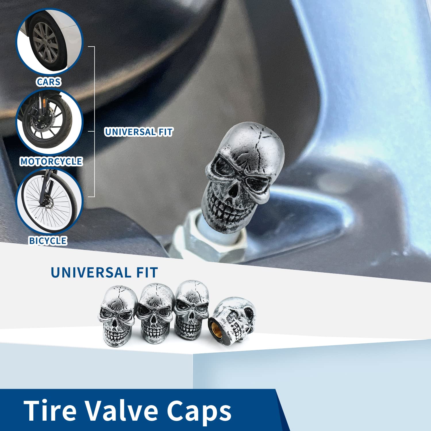 Bashineng Cars Tires Valve Stem Caps Cover Dustproof Cool Skull Head Fit Most Vehicle Suv Bike Trucks Motorcycles 4 Pcs/Set(Silv