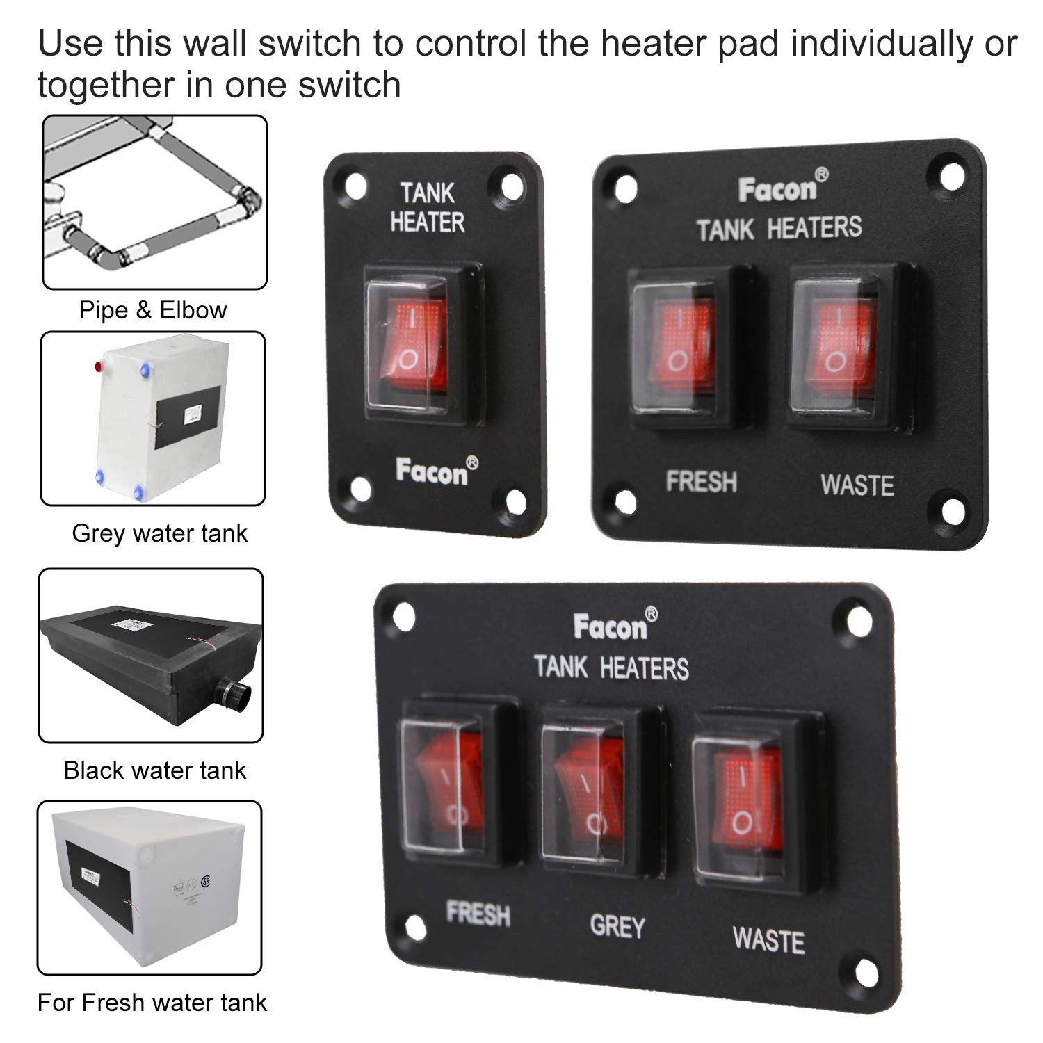 Facon 12Volts Switch Box Panel, 30Amps Rocket On&Off Switch With Red Indicator Light For Rv Tank System, Ip66 Waterproof Control Gang Kit System For Rv Tank Heating Pad