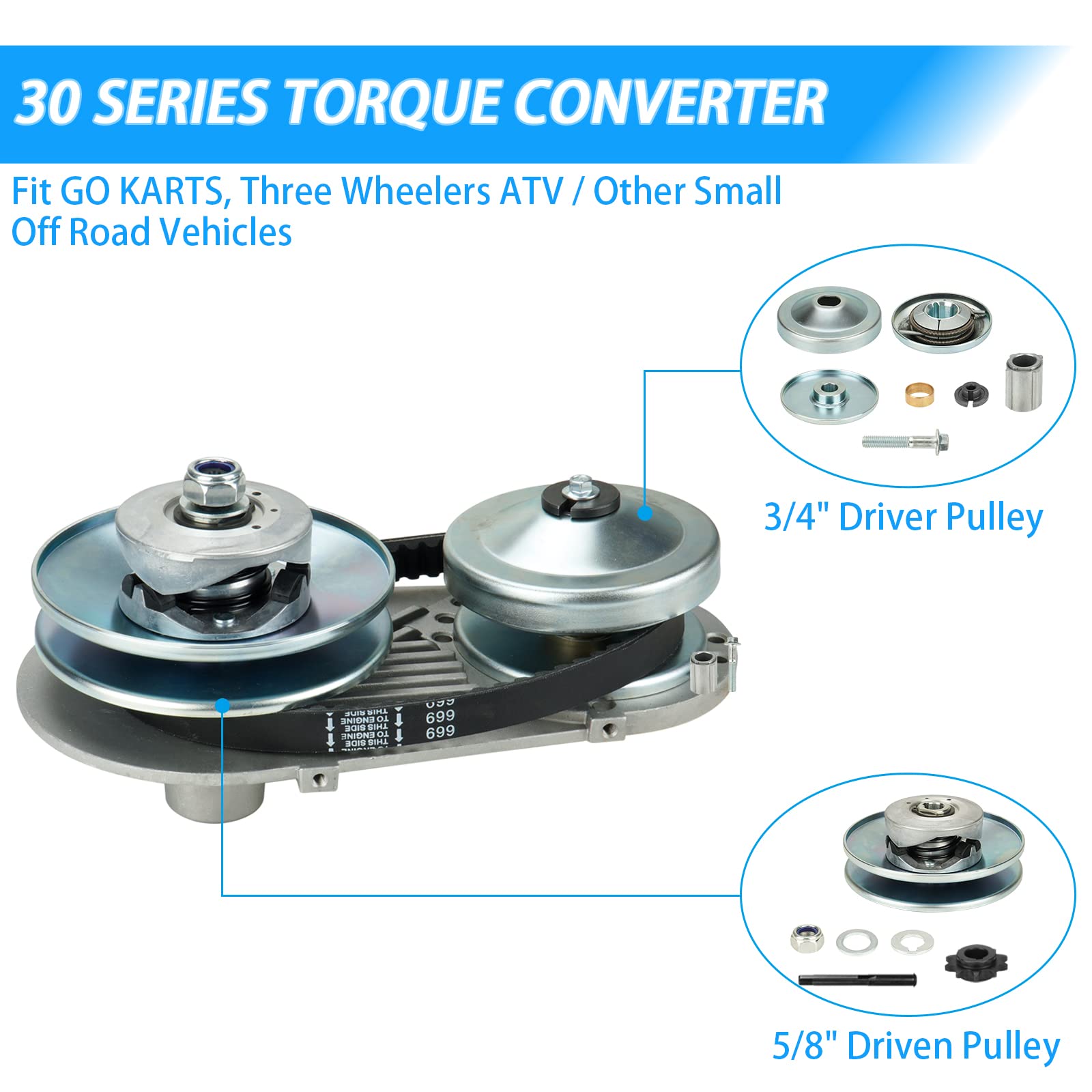 Youxmoto 30 Series Torque Converter for Predator 212CC, 3/4 Driver 10T & 12T Chain Drive Pulley for Mini Bikes & Clutches