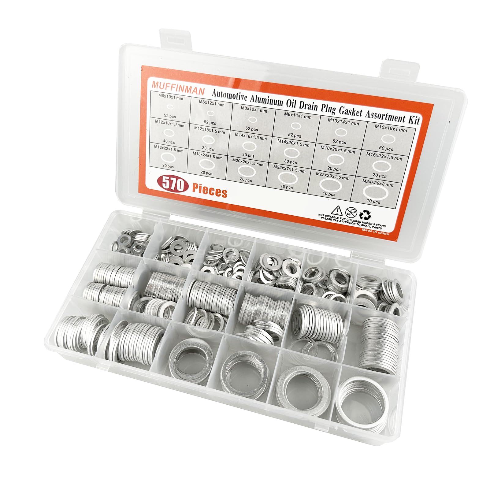 570 Pieces 18 Sizes Oil Drain Plug Gaskets Assortment Kit,Oil Crush Washers, Aluminum Flat Washers Assortment Kit,M6 M8 M10 M12