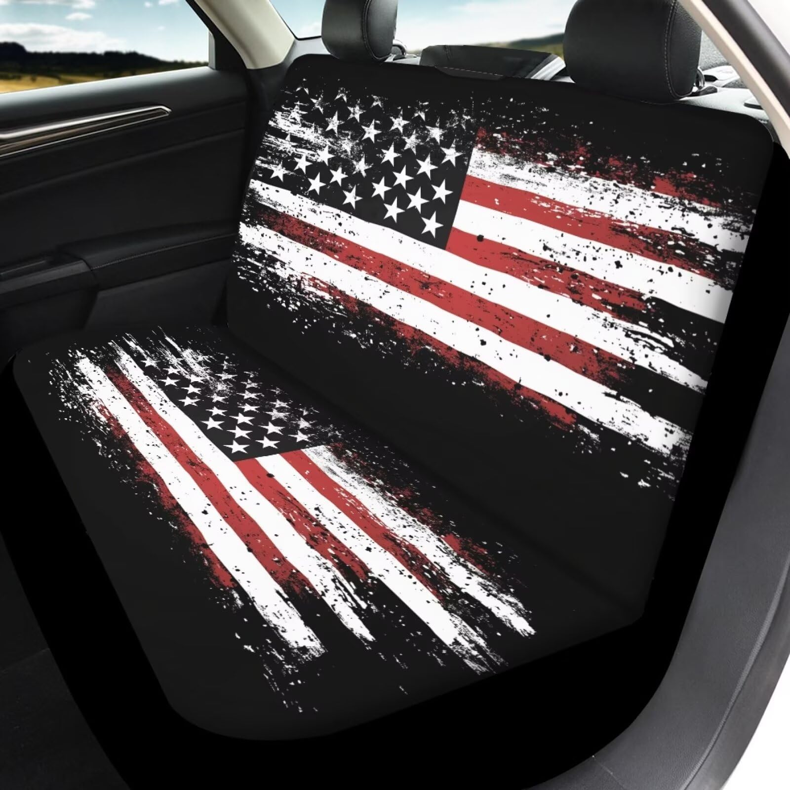 KEIAHUAN 4th of July Car Seat Cover Full Set American Flag Patriotic Breathable Car Front Seat Cover and Rear Bench Cover Set of