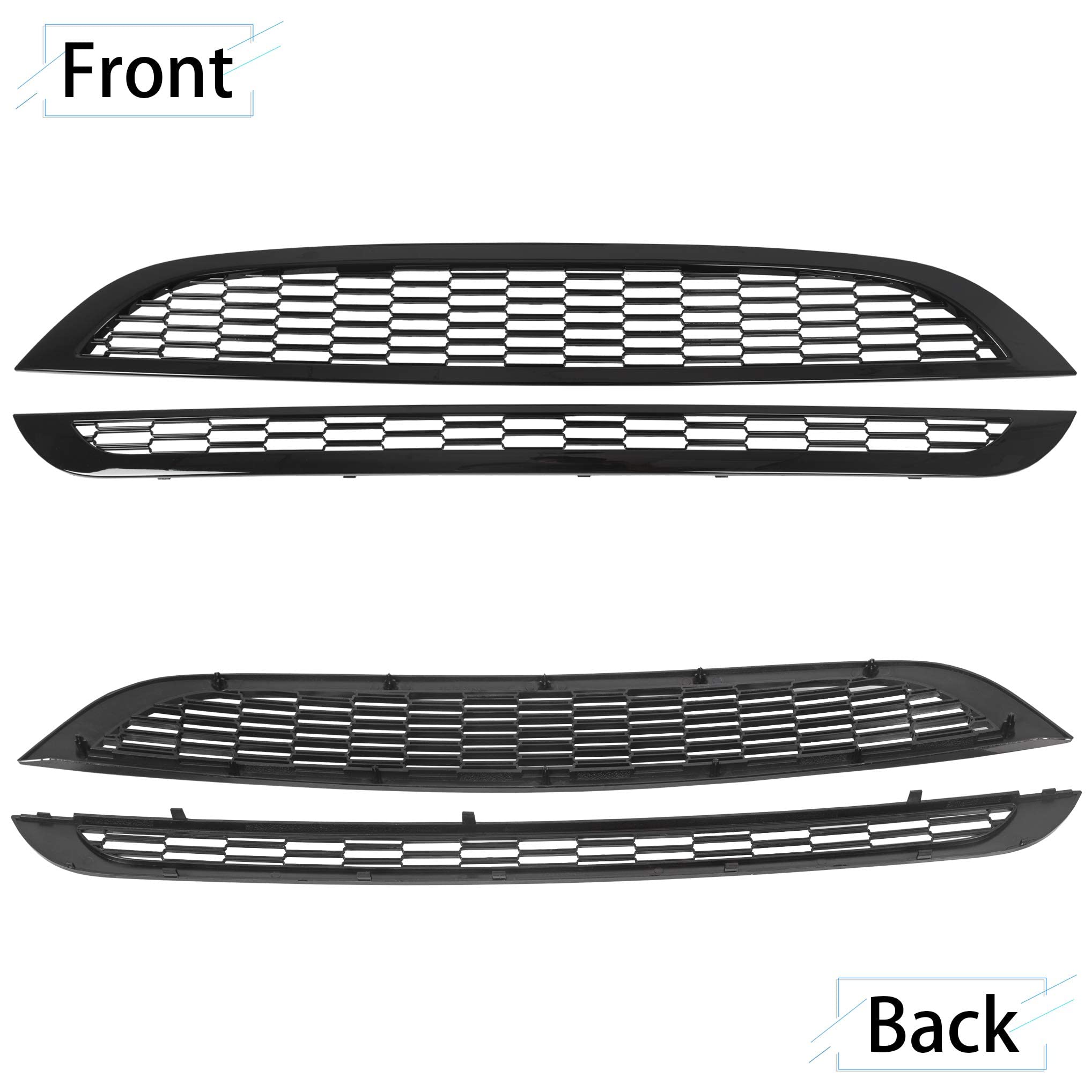 Ecotric Front Upper & Lower Grill Compatible With 2002-2006 Mini Cooper R50 R52 R53 Bumper Hood Honeycomb Mesh Grille Glossy Black 2Pcs