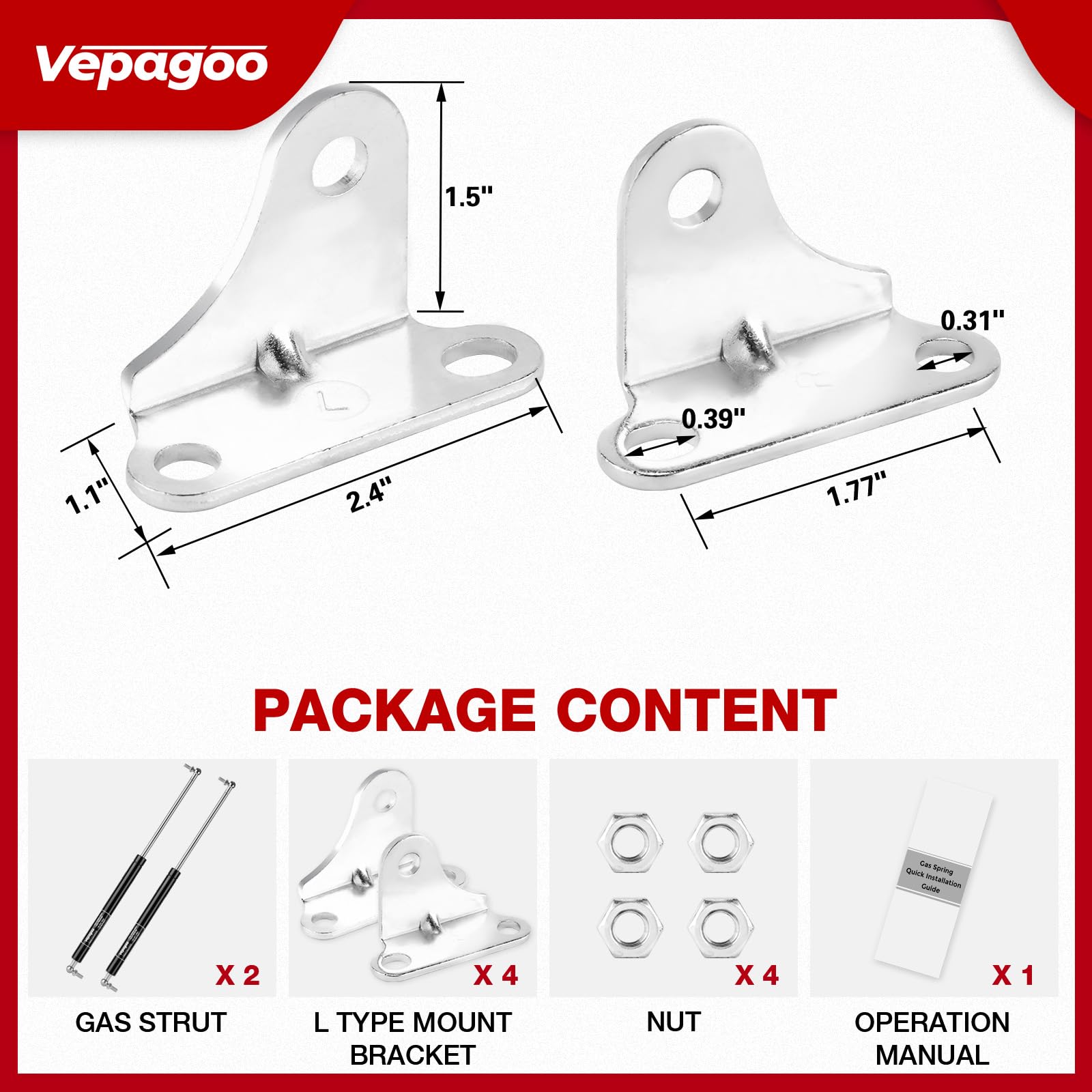 Vepagoo 20 Inch 45Lb/200N Gas Struts Shock With Mounting Brackets, Rv Bed Storage Door Lift Kit, Heavy Lid Duty Springs (Fit 35L