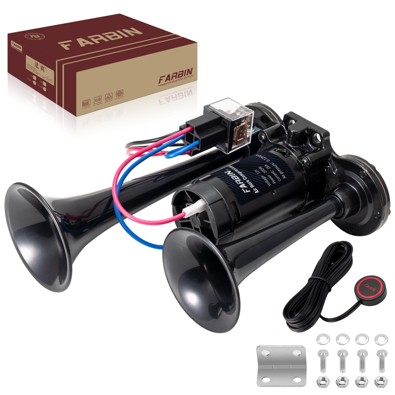Farbin Black Air Horn For Truck Train Horn For Car Loud Car Horn With Button Truck Horns With Compressor 12V Airhorns Horns Loud