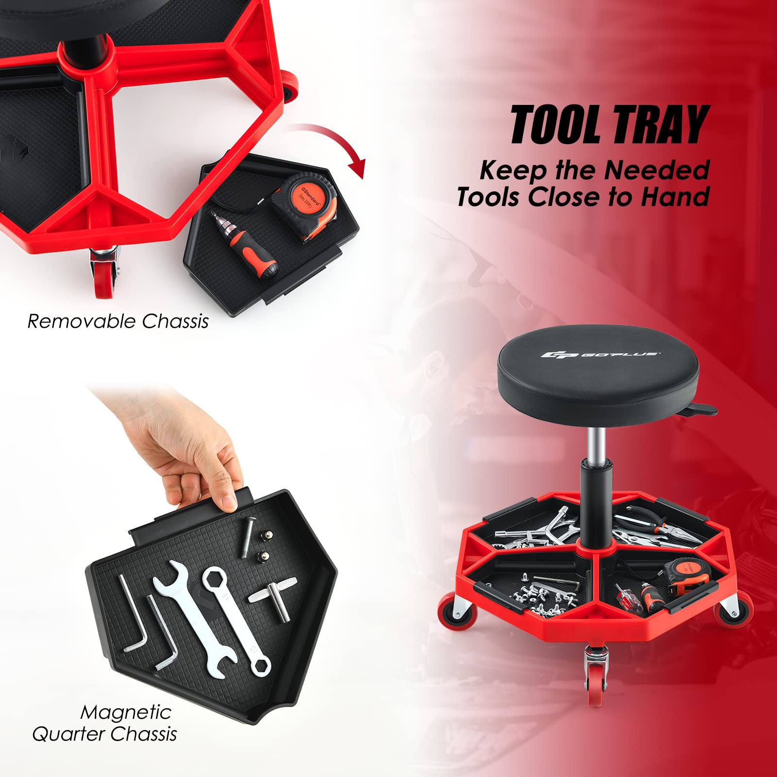 Goplus Rolling Mechanic Stool, Adjustable Pneumatic Shop Stool Creeper Seat with Removable Magnetic Tool Tray, Padded Cushion, U