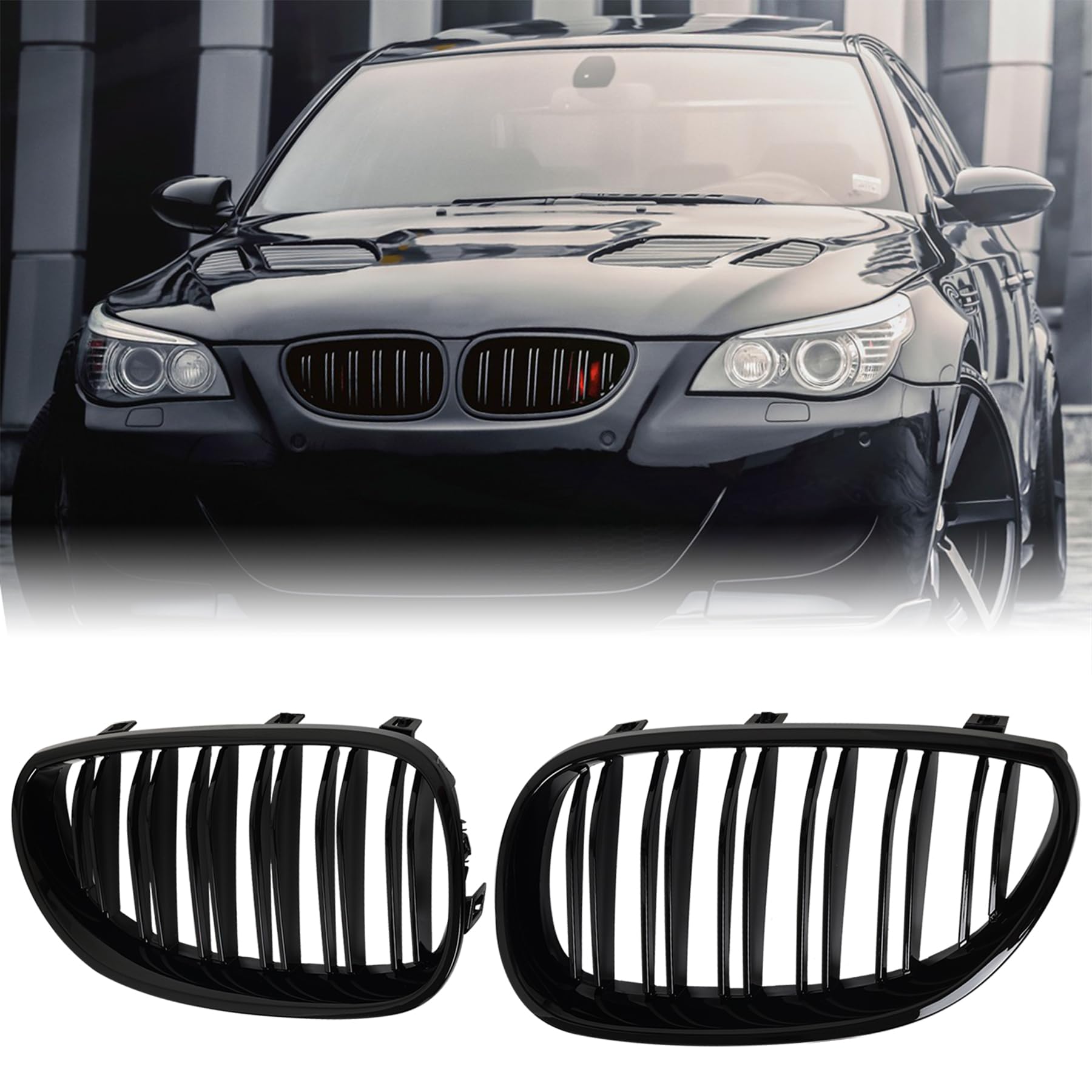 Billdio E60 Grille - Front Kidney Grille Double Slats Glossy Black Compatible With 2003-2009 Bmw 5 Series 520I 523I 525I 528I 53