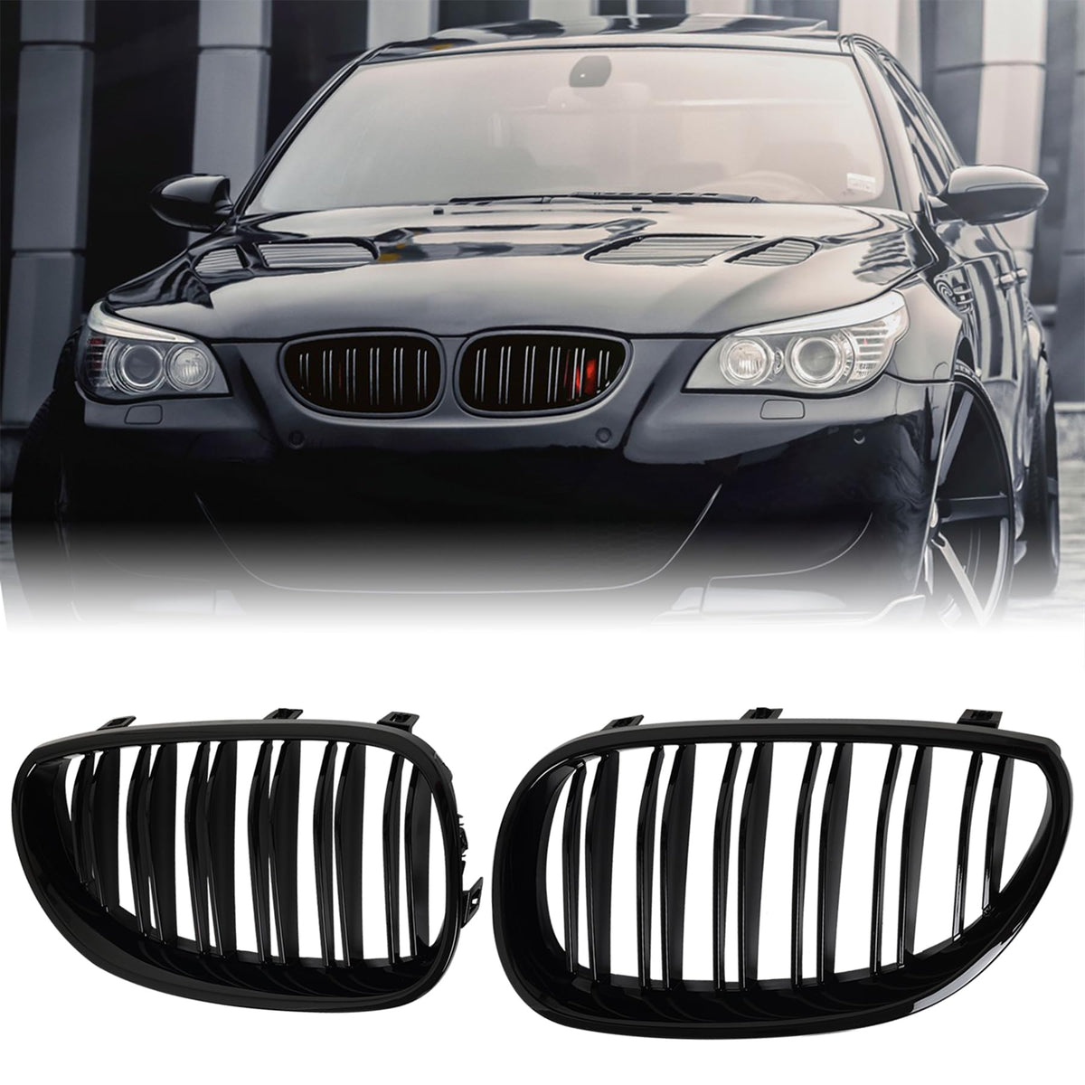 Billdio E60 Grille - Front Kidney Grille Double Slats Glossy Black Compatible With 2003-2009 Bmw 5 Series 520I 523I 525I 528I 53