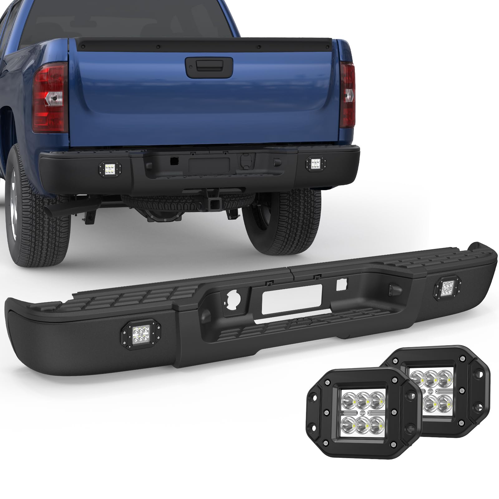 KUIPERAUTO Black Rear Step Bumper Assembly Compatible for 2007-2013 Chevy Silverado/GMC Sierra 1500 Pickup (NO Parking Sensor Ho