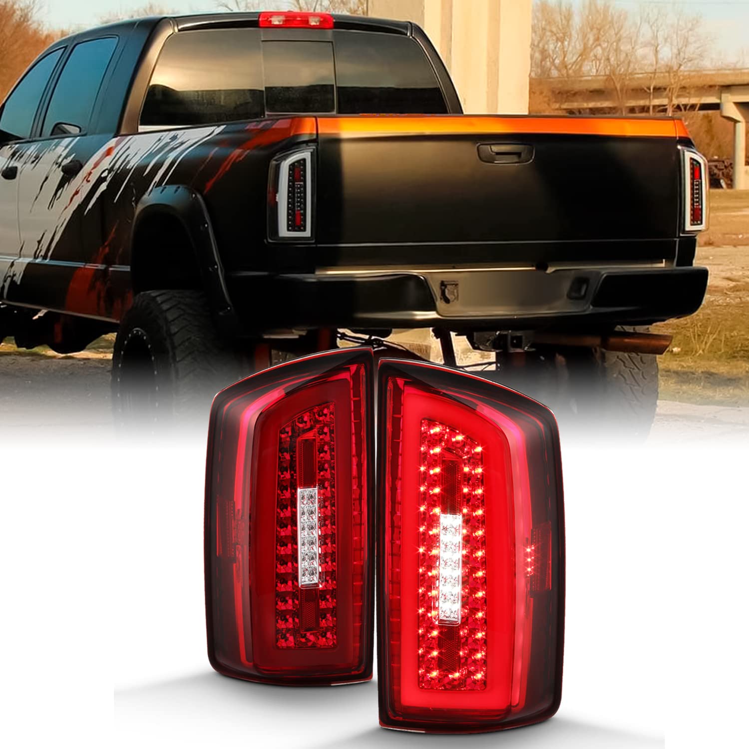 Akkon - Fits 2007 2008 Dodge Ram 1500 2500/2009 3500 Full Led Tube Bar Red Clear Tail Lights Brake Lamp Pair Left+Right