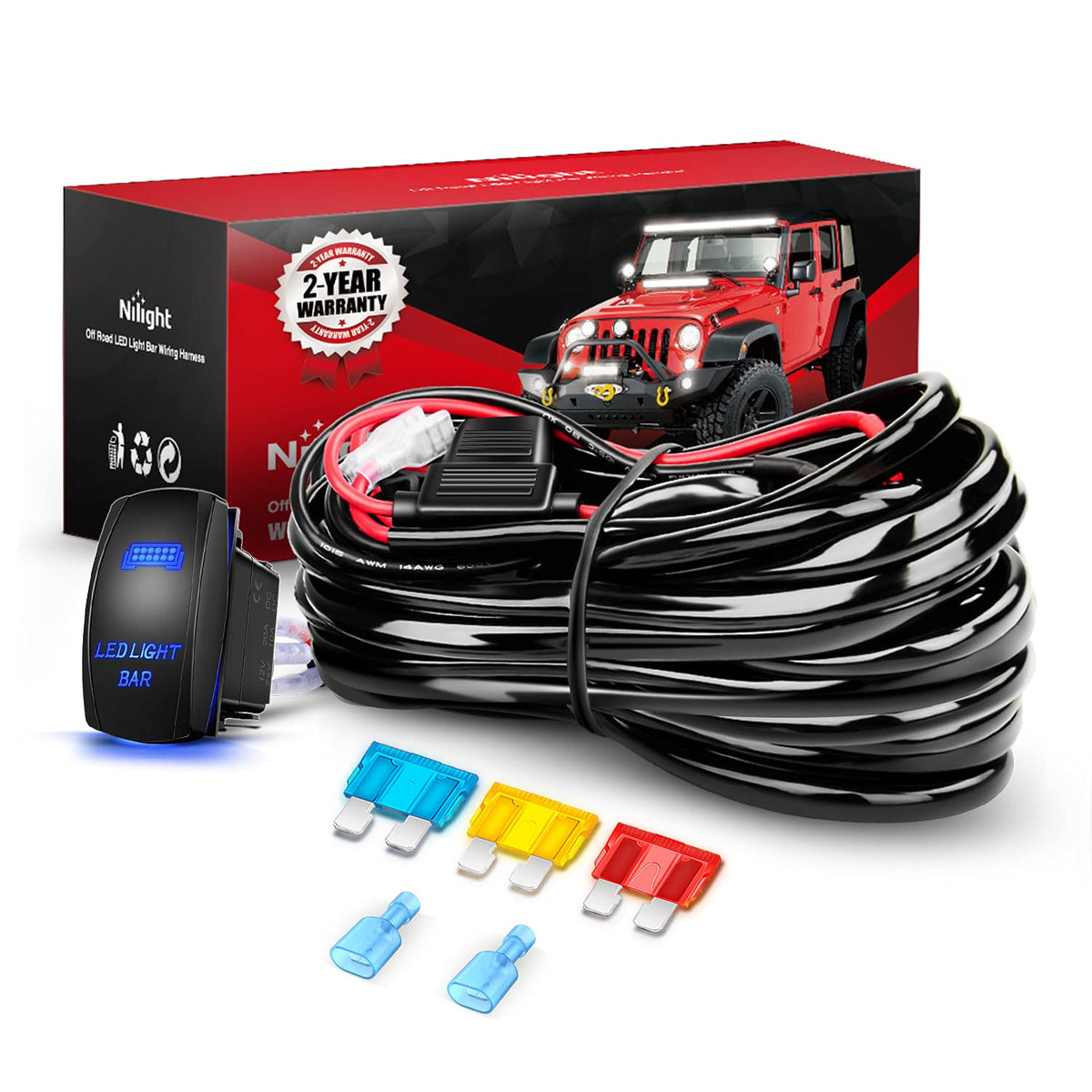 Nilight 10014W LED Light Bar Wiring Harness Kit 14AWG Heavy Duty 12V 5Pin Rocker Laser On Off Waterproof Switch Power Relay Blad