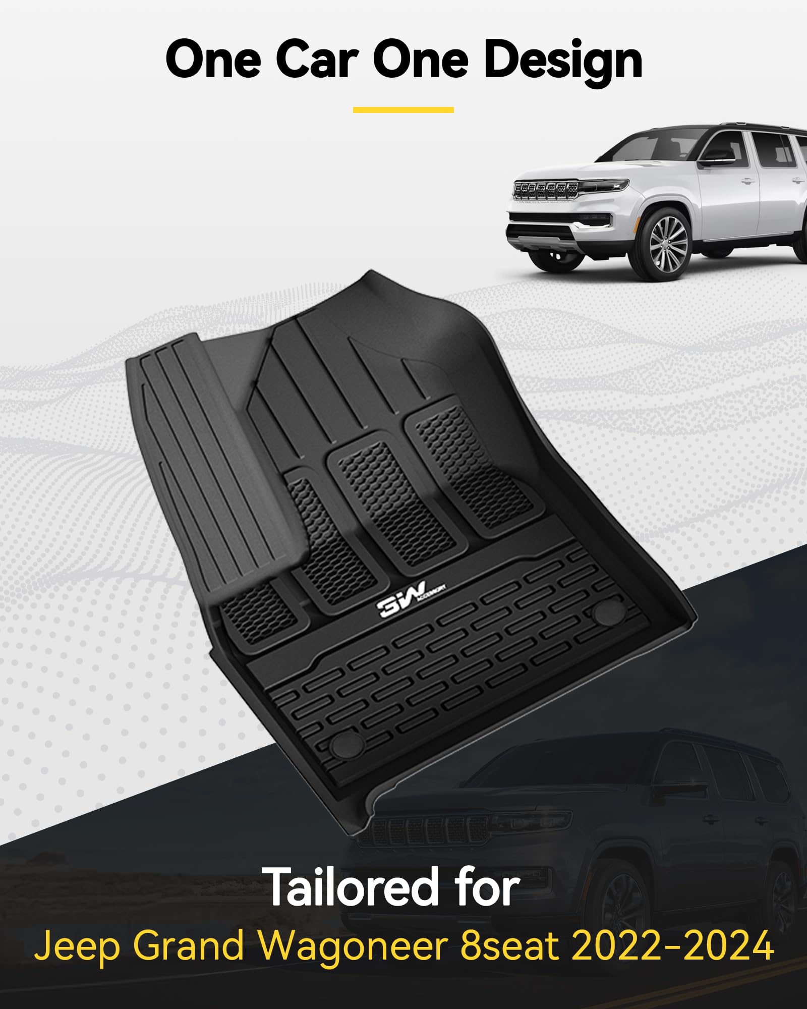 3W Floor Mats & Cargo Liner Fit For Jeep Grand Wagoneer 2022 2023 2024 2025 7 Seat (Not Fit For L Or 8 Seat), Tpe Custom Fit Wag