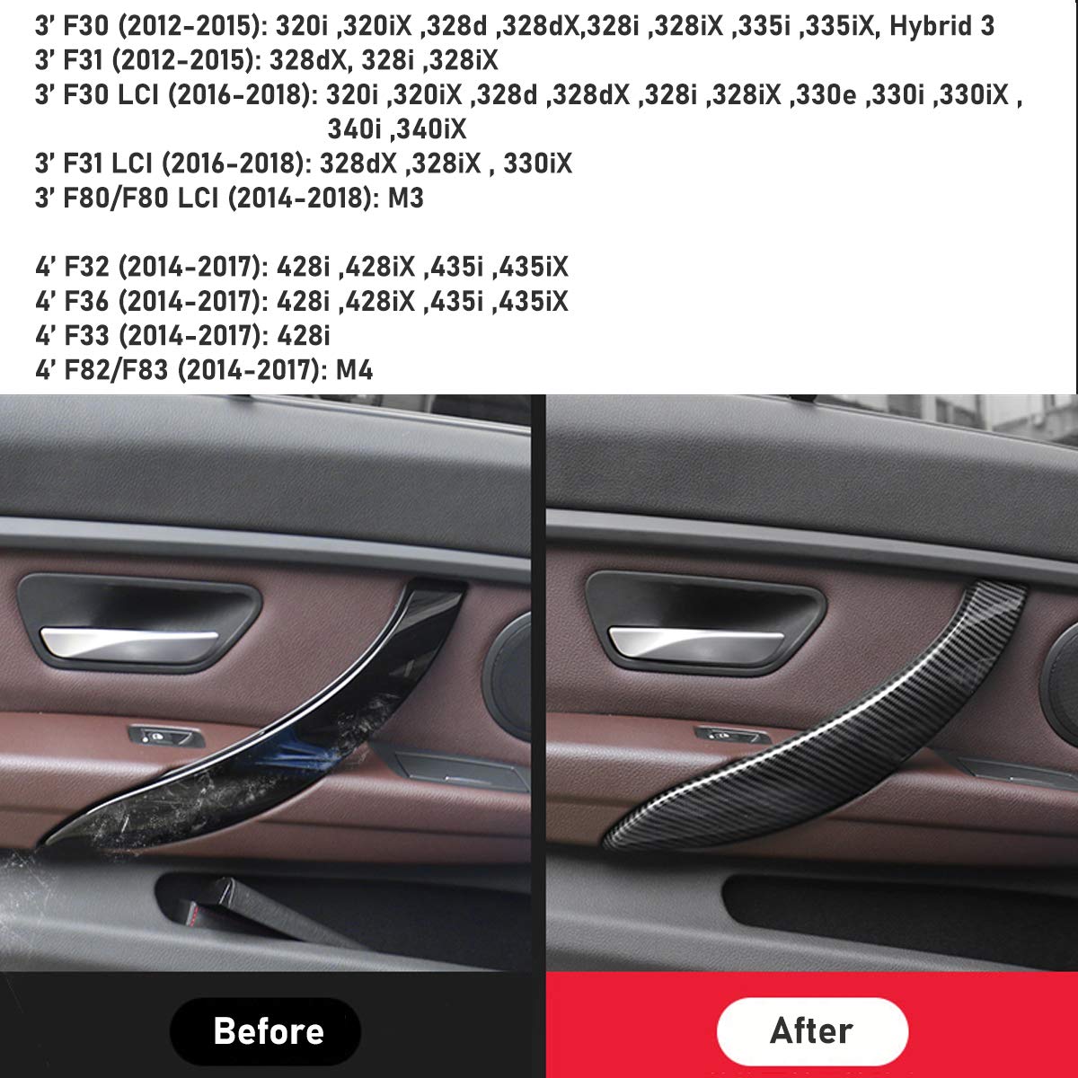 Jaronx ABS Carbon Fiber Door Handle Outer Cover Replacement Compatible with BMW 3’ F30/F31 2012-2018 and 4’ F32/F33 2014-2017,Carbon Fiber Pattern Left Driver Side Door Handle Cover (Left)