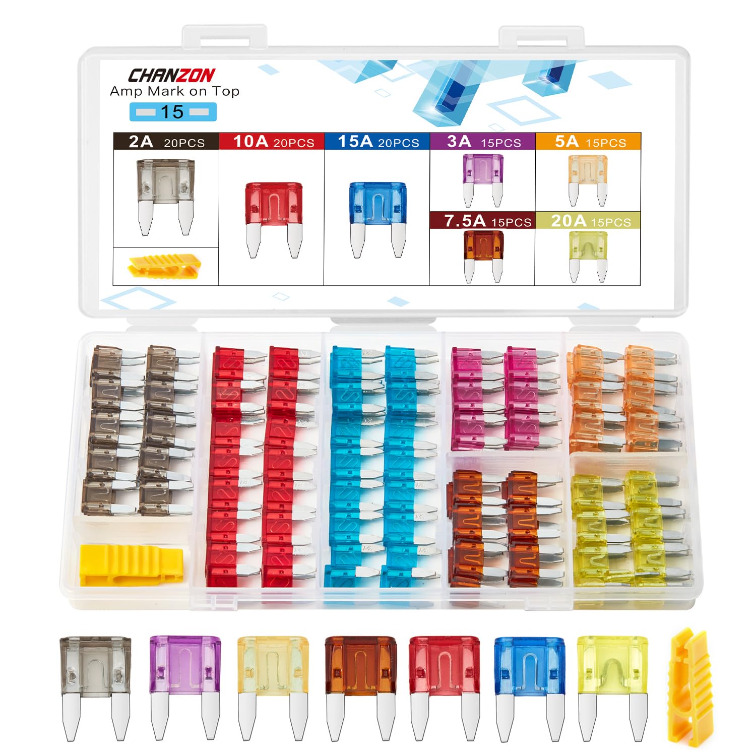 Chanzon 120Pcs Ul Listed Atm Apm Mini Blade Fuse Assorted (2A 3A 5A 7.5A 10A 15A 20A) For Car Truck Rv Automotive Motor Boat