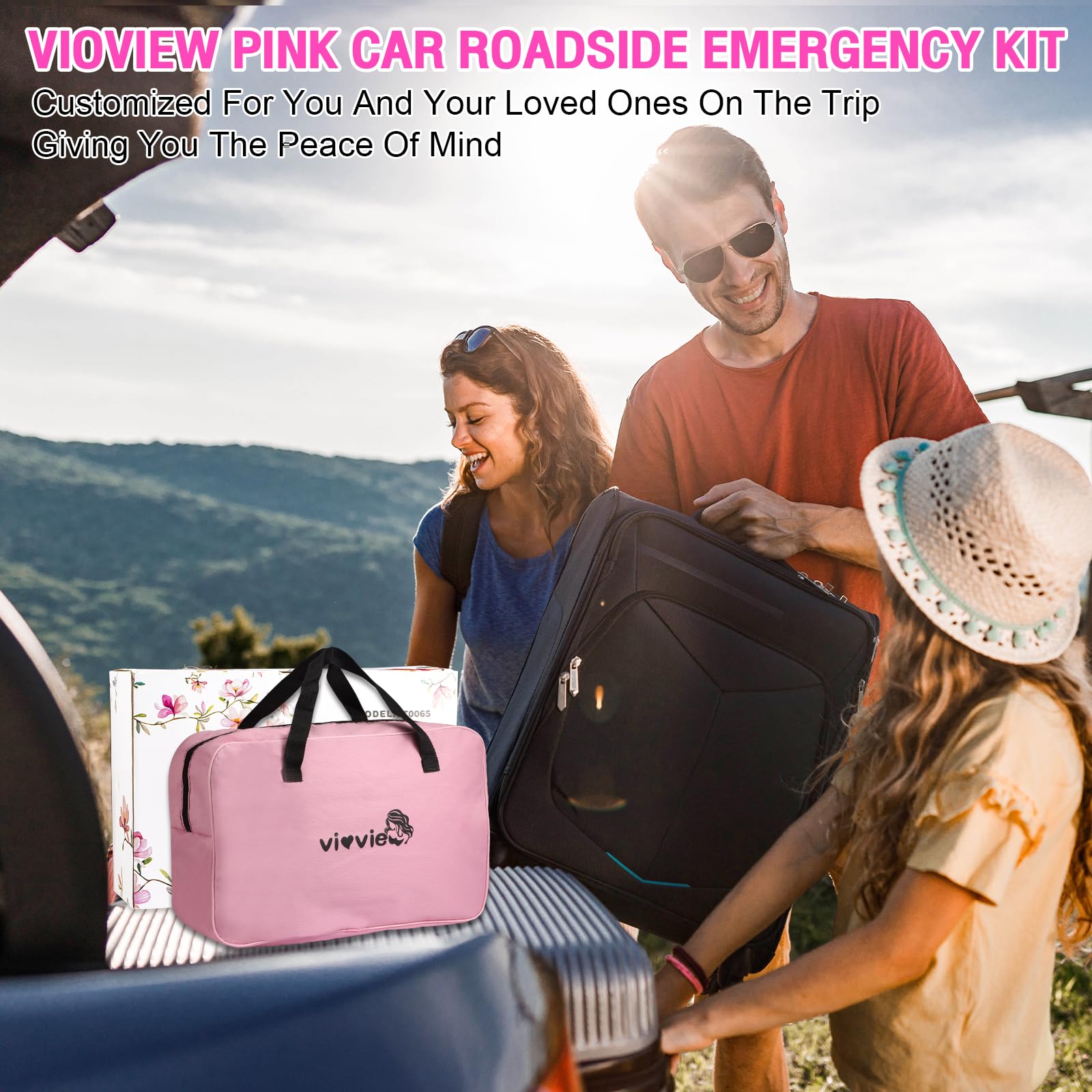 Vioview Roadside Emergency Car Safety Kit, With 4-In-1 Inflatable Car Vacuum Cleaner, Pink Jumper Cables, First Aid Kit, Tow Rop