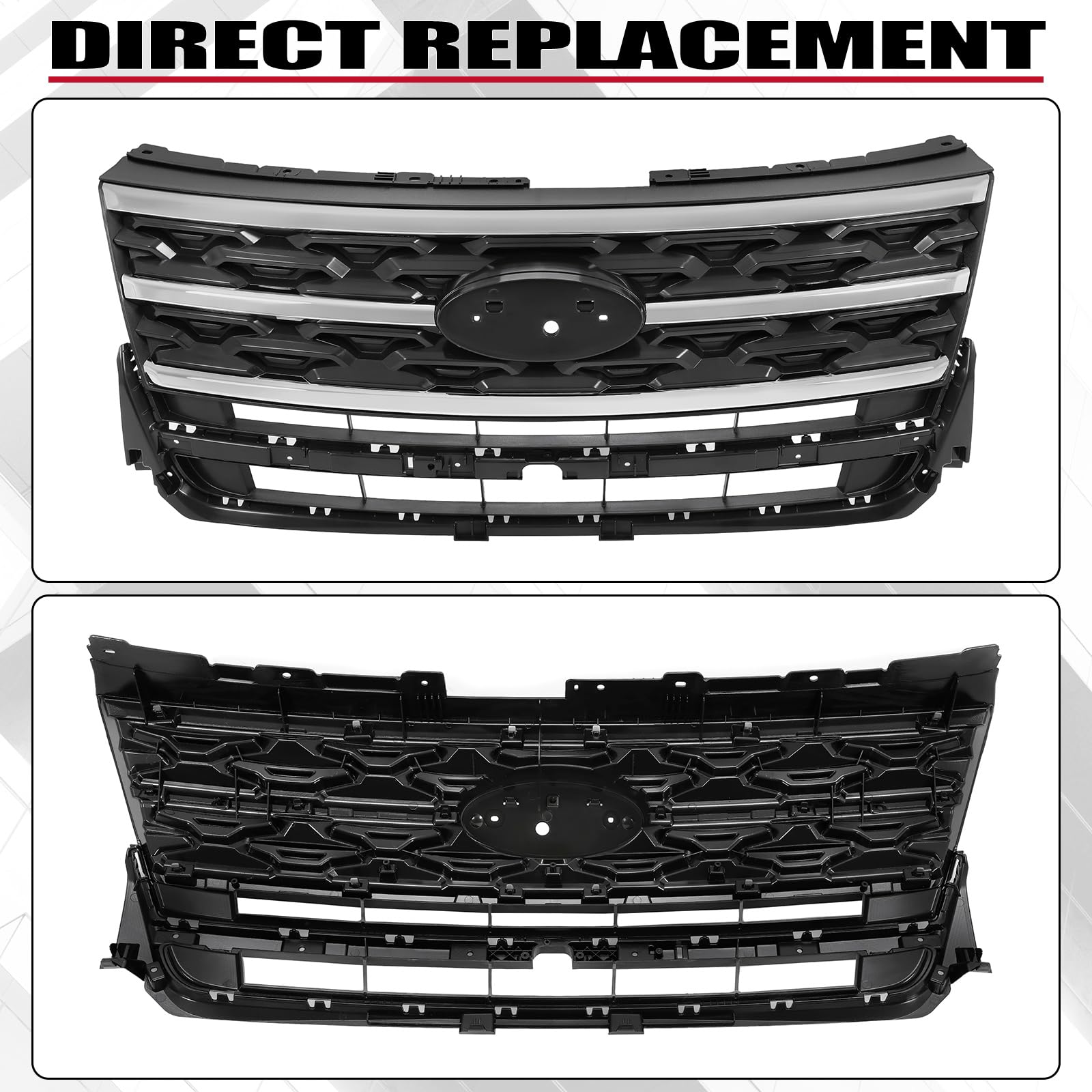 HECASA Front Grille Grill Compatible with 2018-2019 Ford Explorer Front Bumper Upper Hood Grill Chrome Black & Silvery