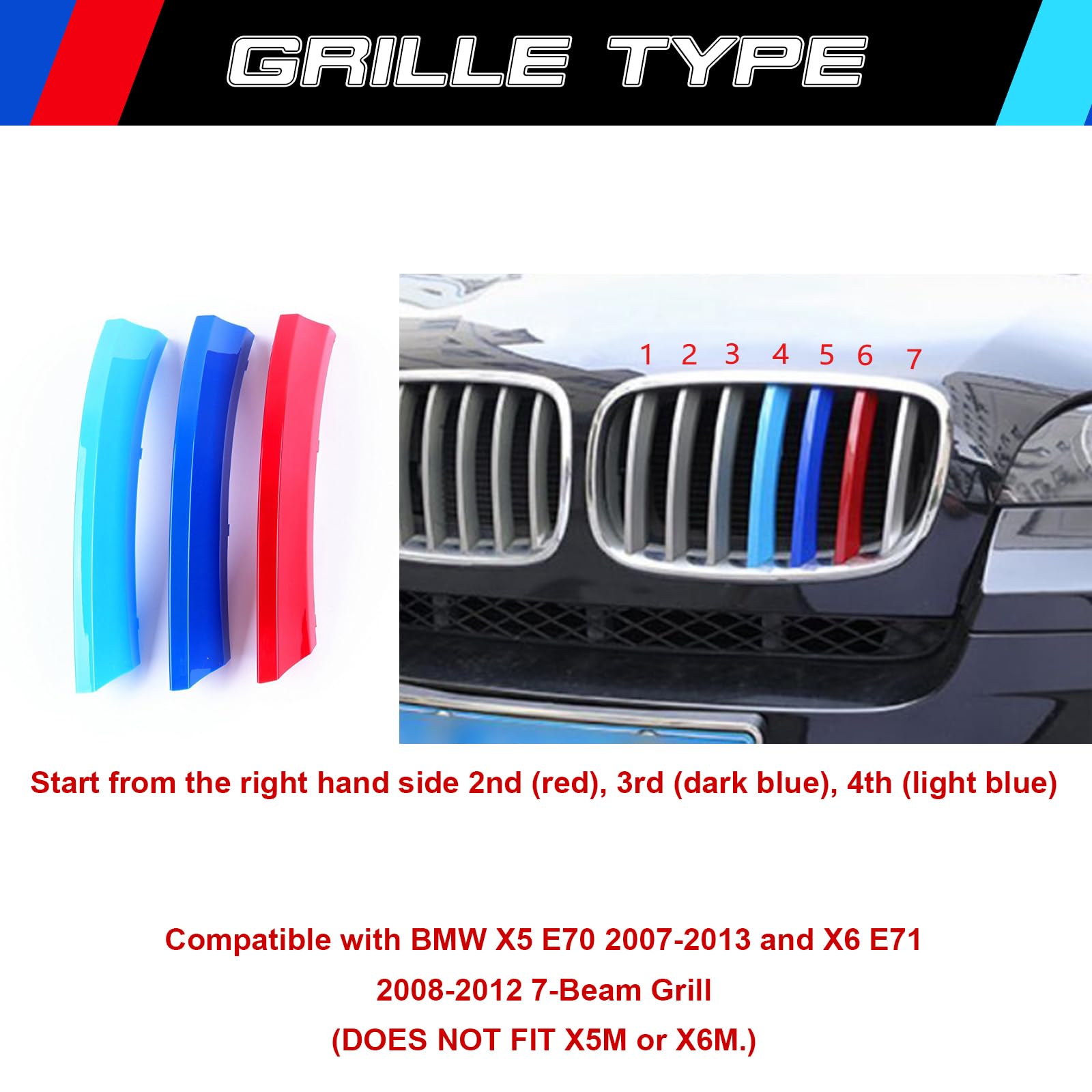 Xotic Tech M-Colored Tri Grille Insert Trims Strips, Front Center Kidney Grilles Compatible With Bmw E70 X5 2007-2013, E71 X6 20