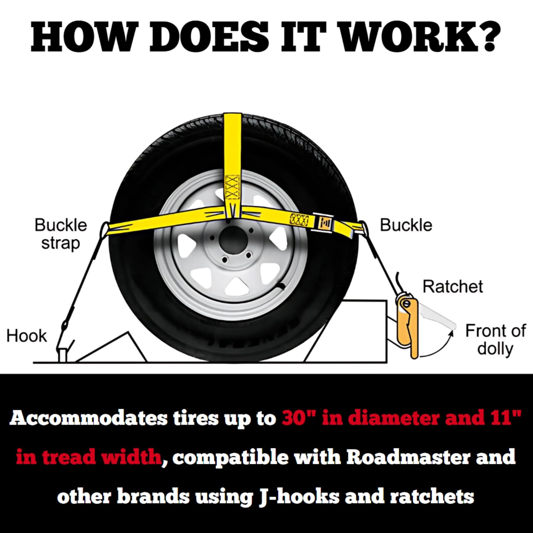 Roadmaster 2150 Single Universal Tie Down Strap | Compatible With Tires Up To 30 Diameter & 11 Tread Width | 2 Wide Nylon Webbing | 5,000 Pound Capacity | Secures Vehicle To Tow Dolly