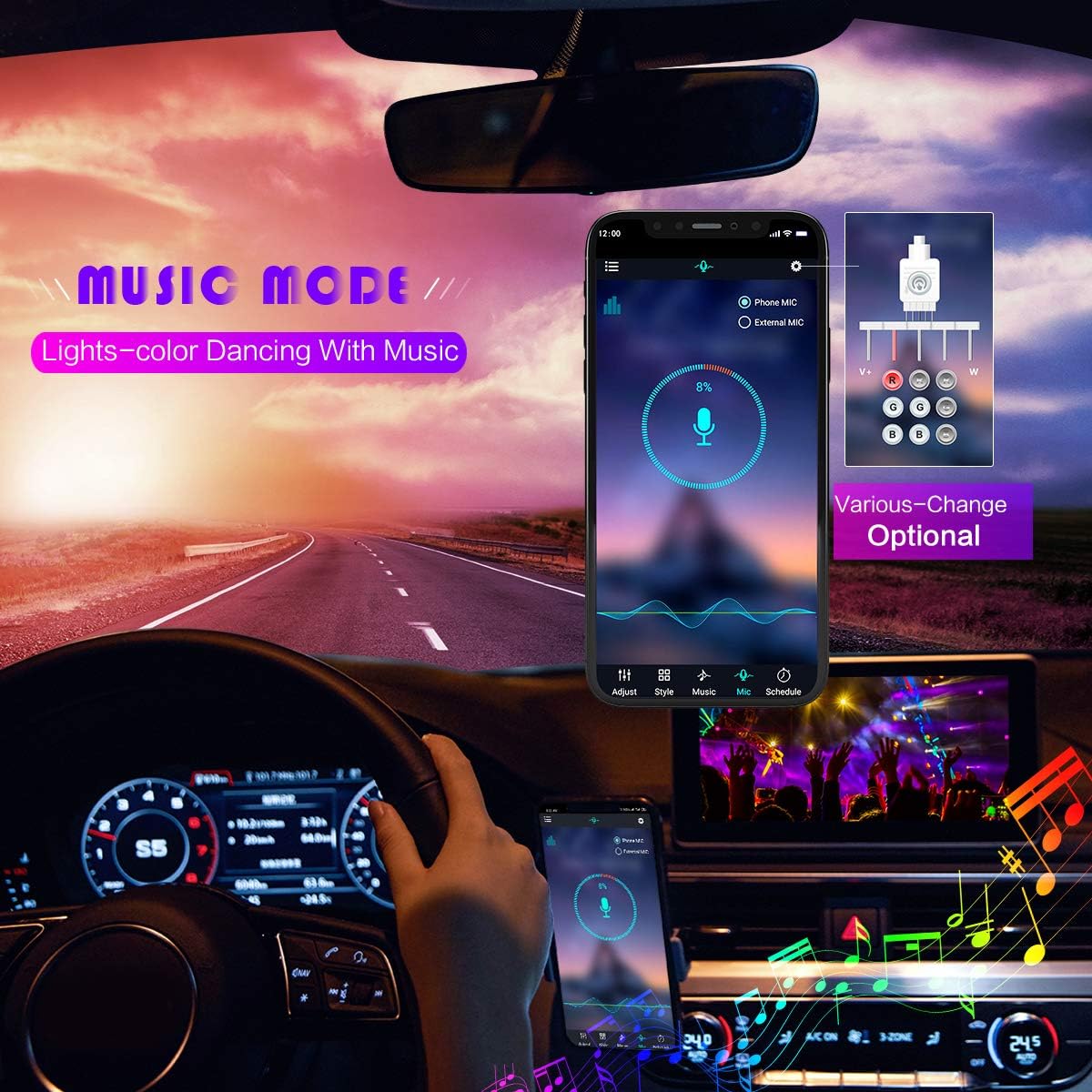 Yilaie Car Lights Interior, Rgb Car Strip Light Under Dash Lighting Kit With App Control And Music Sync, Multicolor Neon Interio