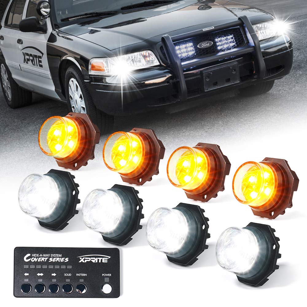 Xprite White Amber Led Hideaway Strobe Lights Kit 20 Flashing Patterns W/Control Panel Headlights Taillights Fog Light Mounting,