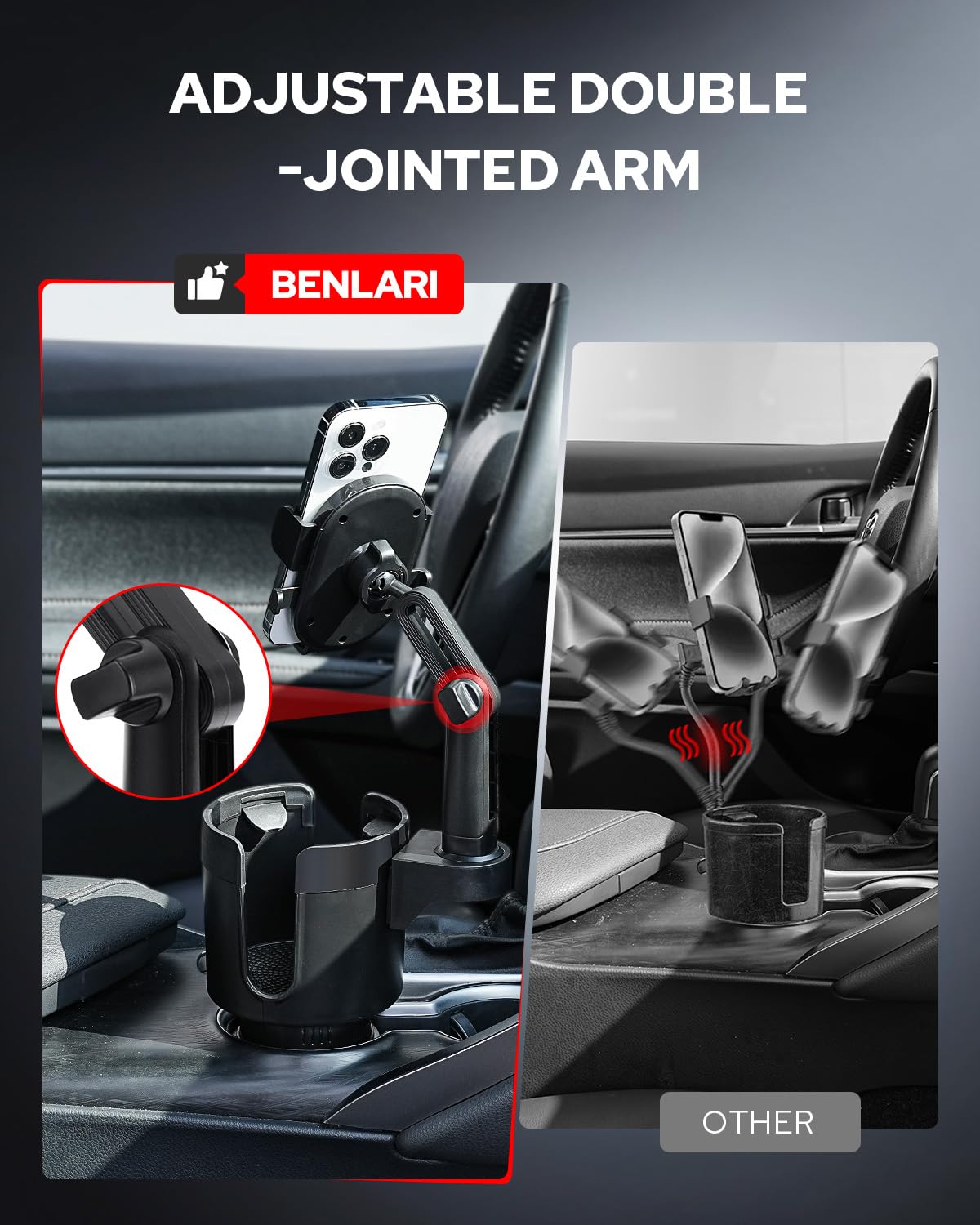 Benlari Upgraded Car Phone Holder - 2 in 1 Adjustable Cup Holder Expander Support 360 Degree Rotation - Car Cup Holder Phone Mou