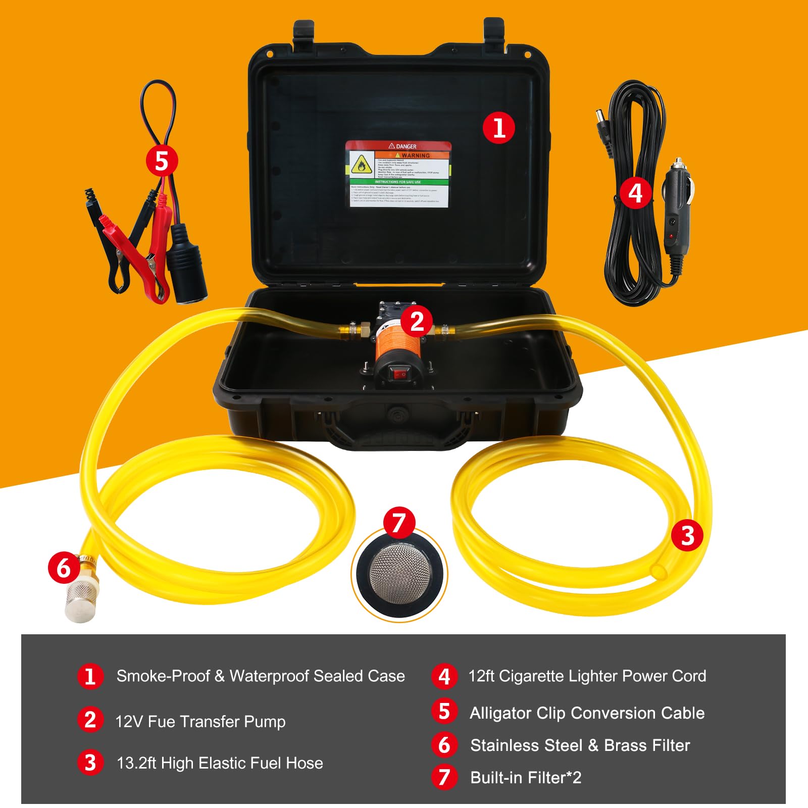 12V Fuel Transfer Pump Set, Moves Up to 120 Gallons of Gas or Diesel Per Hour with 80W DC Motor & Upgraded Carrying Case, Suitab