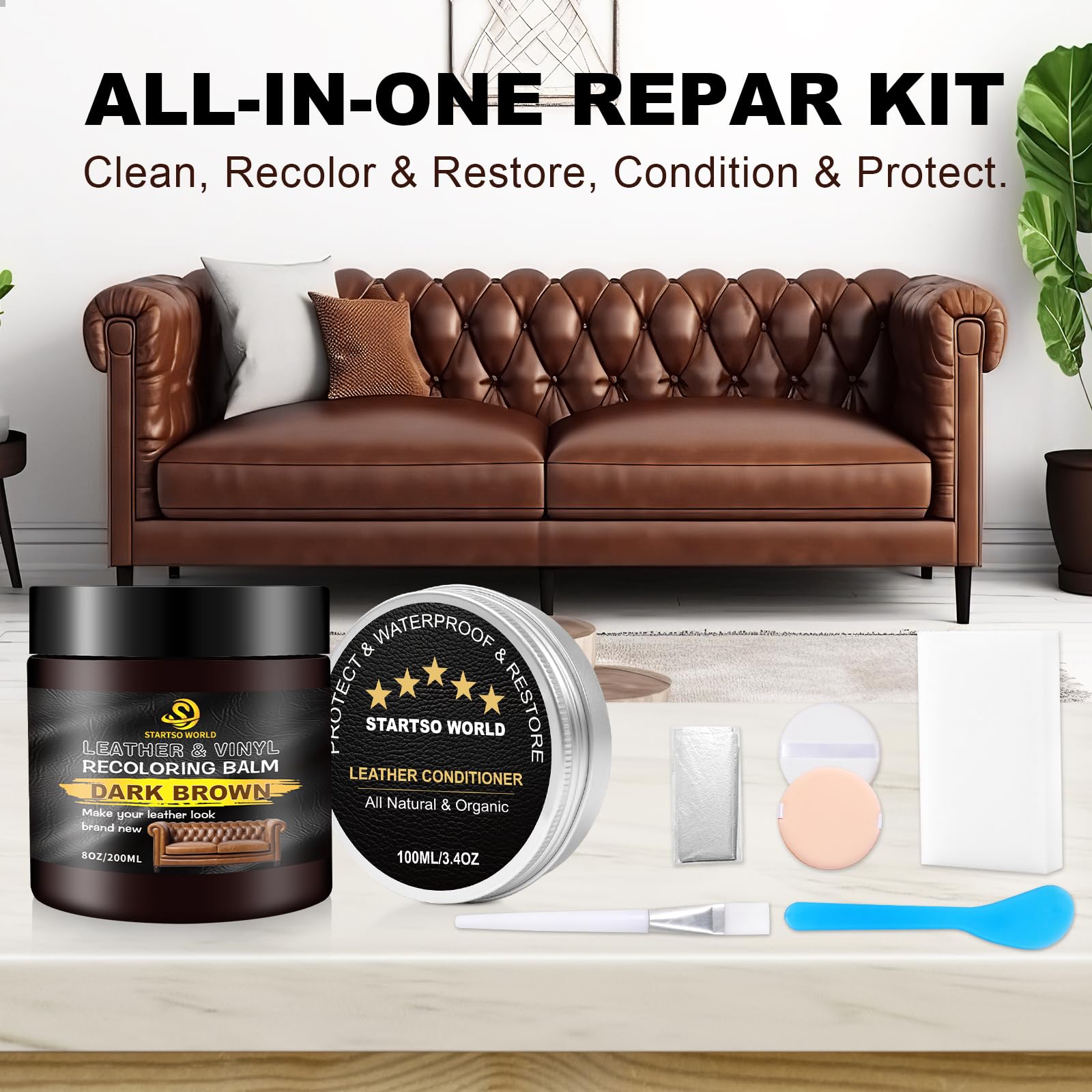 Startso World 200Ml Leather Recoloring Balm With 100Ml Leather Conditioner, Dark Brown Leather Repair Kit For Furniture, Leather