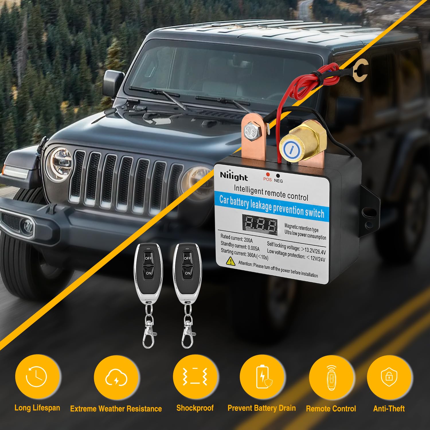 Nilight Remote Battery Disconnect Switch 12V 24V 360A Car Smart Anti-Theft Kill Switches Upgrade Prevent Power Drain with Wirele