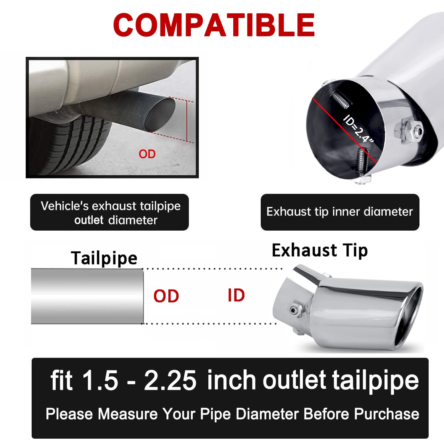 Dsycar Universal 1.5-2.25 Inch Adjustable Inlet Exhaust Tips, Bolt-On Design Chrome Plated Stainless Steel Exhaust Tailpipe Tips