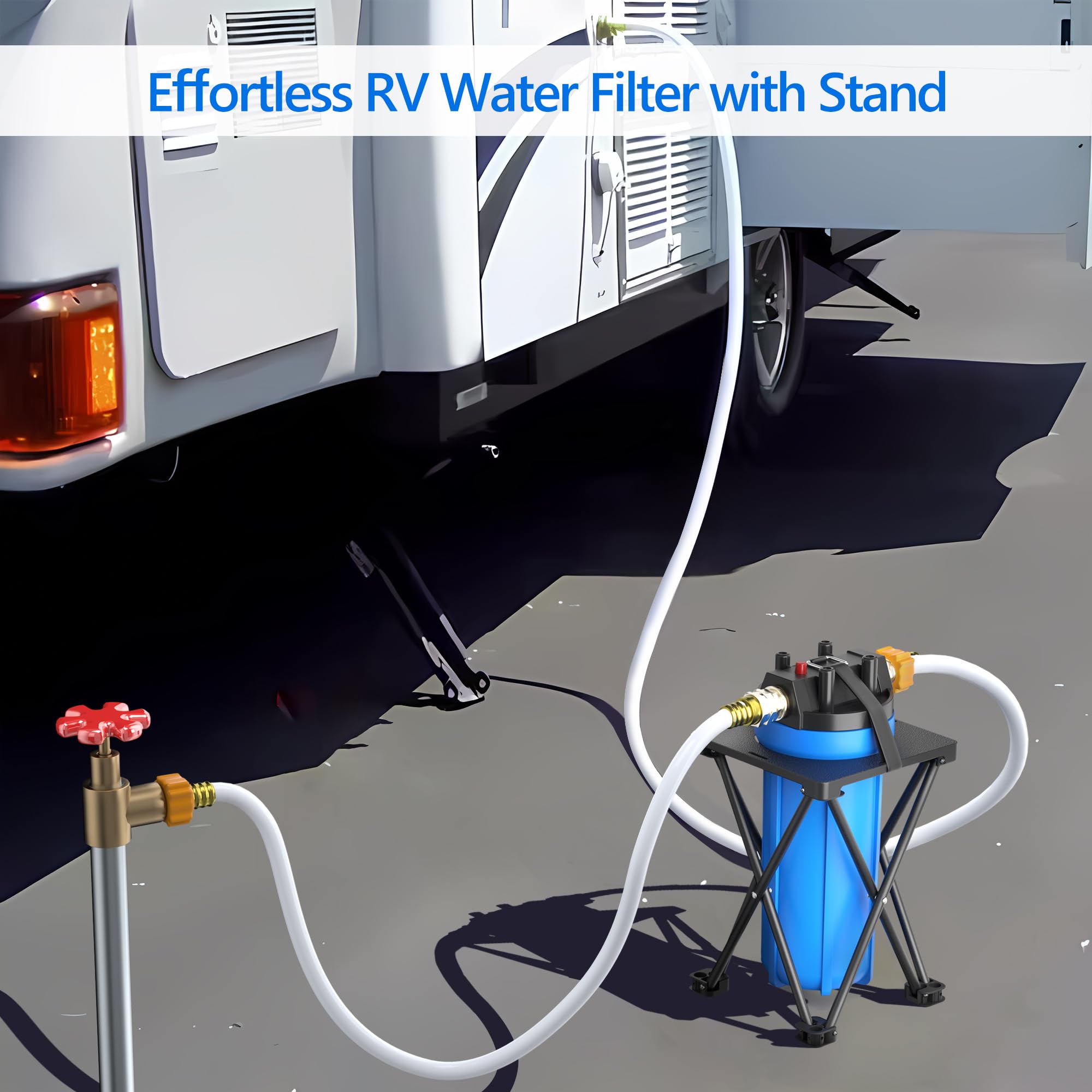 4-Layer RV Water Filter with Stand and 7,000 Gallons Capacity, 3/4'' GHT Metal Threads Inline Water Filter, Removes Sediments, C