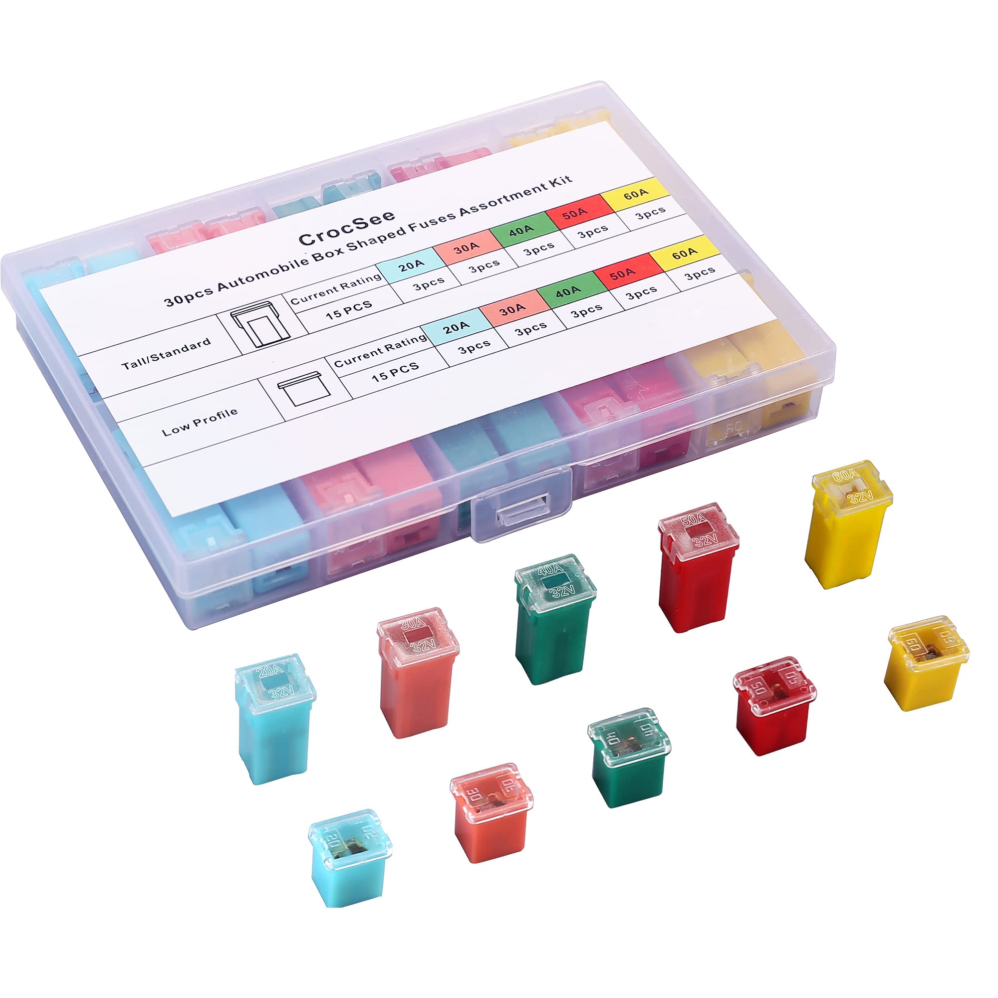 Crocsee 30 Pieces Car Fuses Assortment Kit, Tall/Standard And Low Profile Box Shaped Automotive Fuses For Ford, Chevy/Gm, Chrysler/Dodge, And Toyota Pickup Trucks, Cars And Suvs