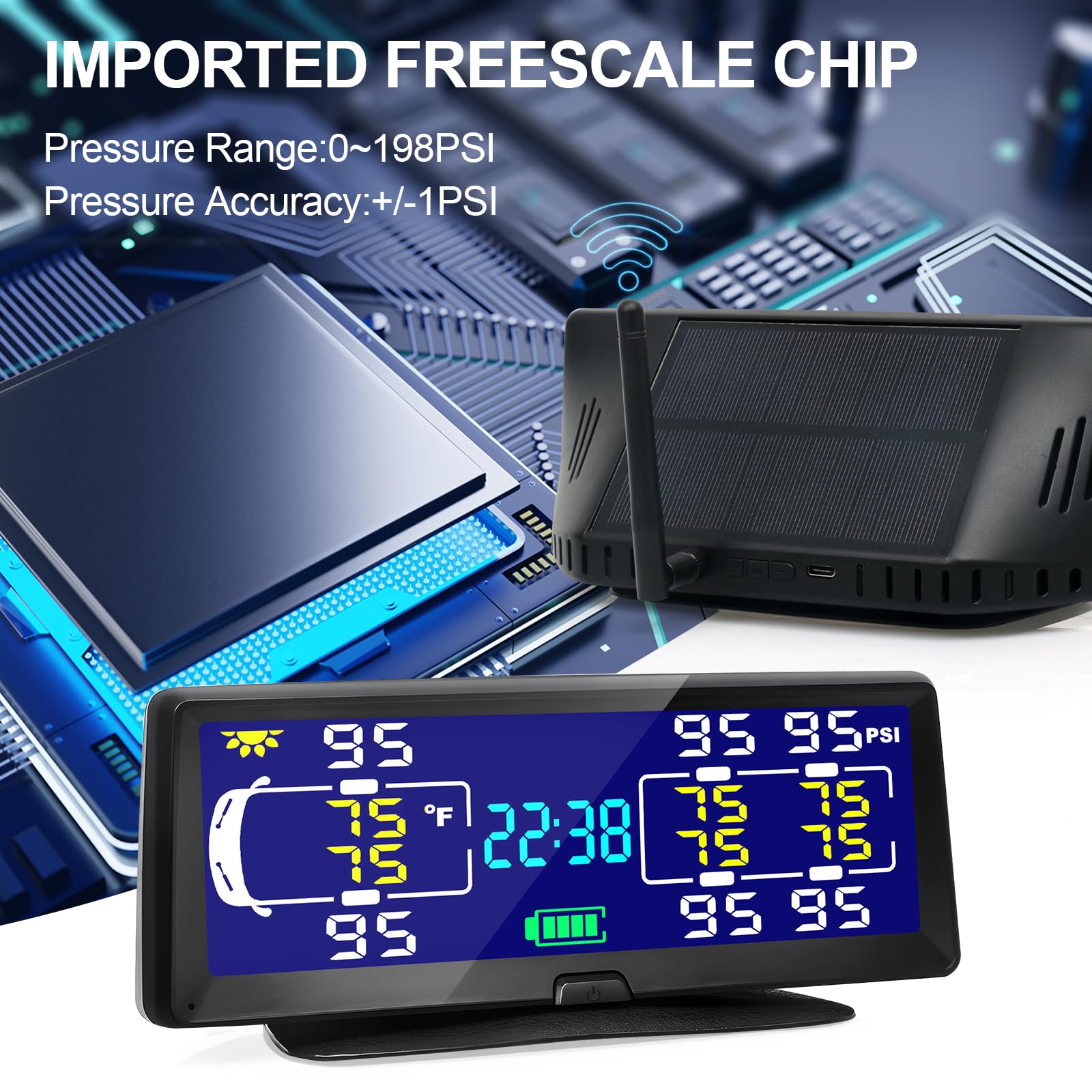 Hieha RV Tire Pressure Monitoring System, 7.84” Solar TPMS, 6 Sensors, Real-time Pressure & Temperature Monitoring, Model CZ-TYJC-4Tires