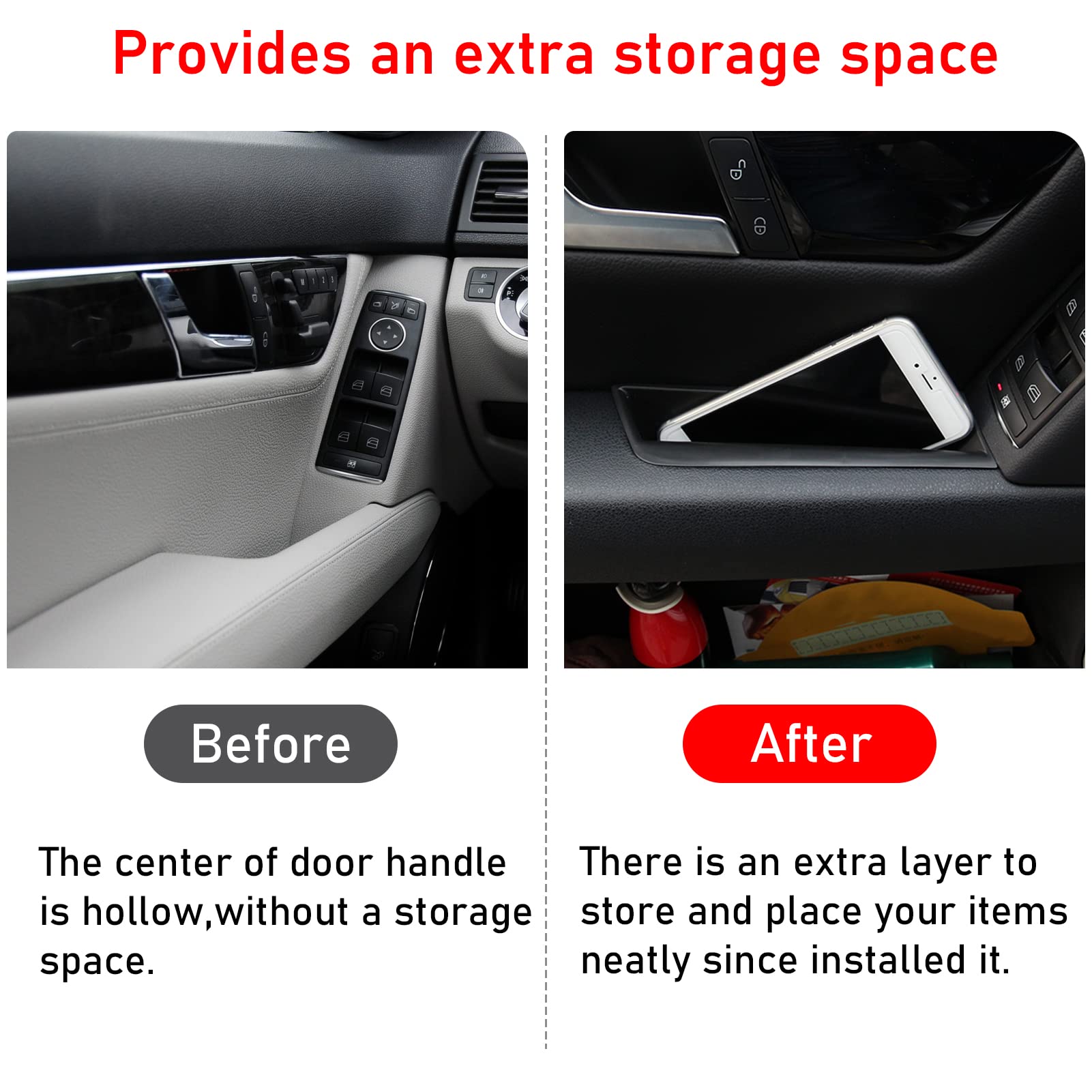 Ttcr-Ii Compatible With Mercedes Benz C Class Door Storage Box W204, 2 Pcs Door Handle Pocket Storage Box Insert For C300 C400 C63 2008-2014 (For Sedan Only, Not For Coupe)