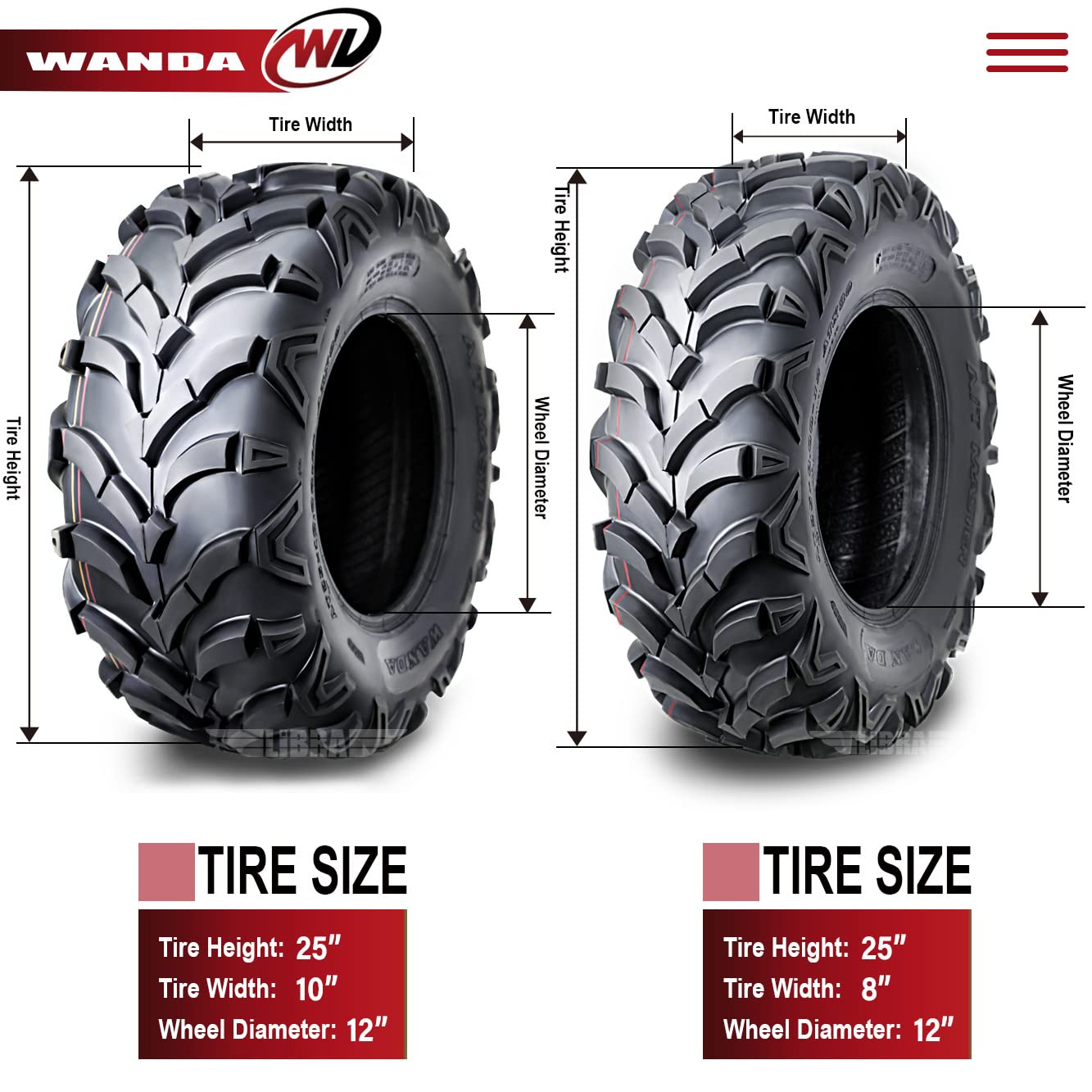 Wanda P341 Atv/Utv Tires 25X8-12 Front & 25X10-12 Rear Solid Mud, Set Of 4